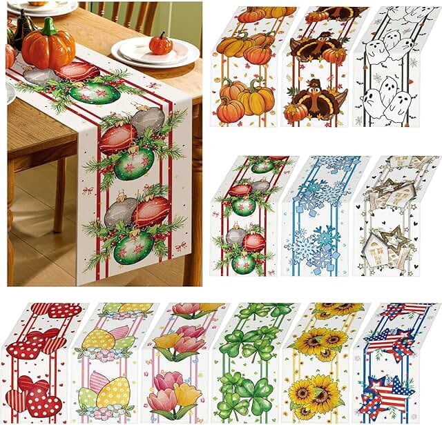 Honeydak 12 Pcs Holiday Table Runner Seasonal Farmhouse Table Decor 13 x...