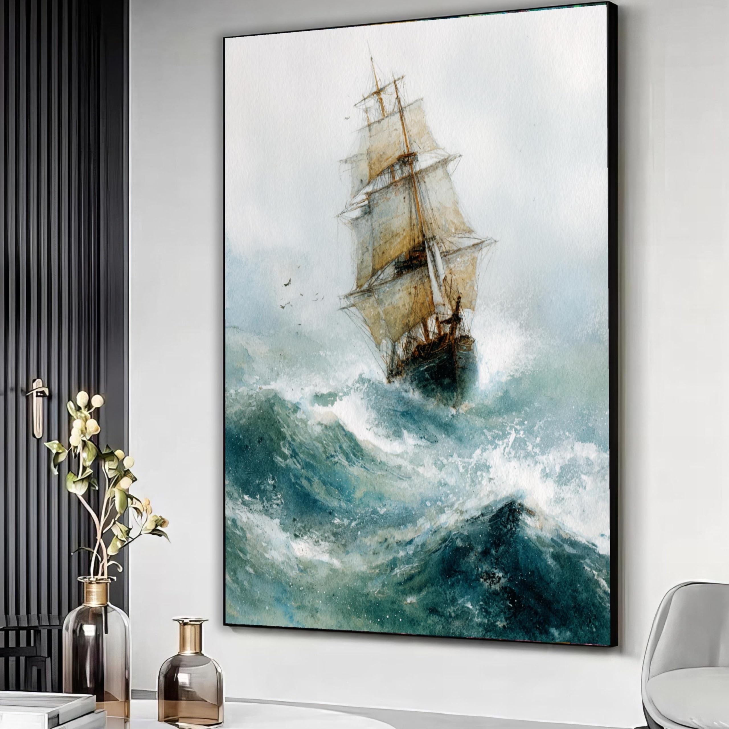 XBTYKPB Vintage Sailing Ship Canvas Wall Art, Ocean Waves Watercolor, Nautical Wall Decor, Maritime Canvas Print, Sea Artwork(80x110cm/Frameless)