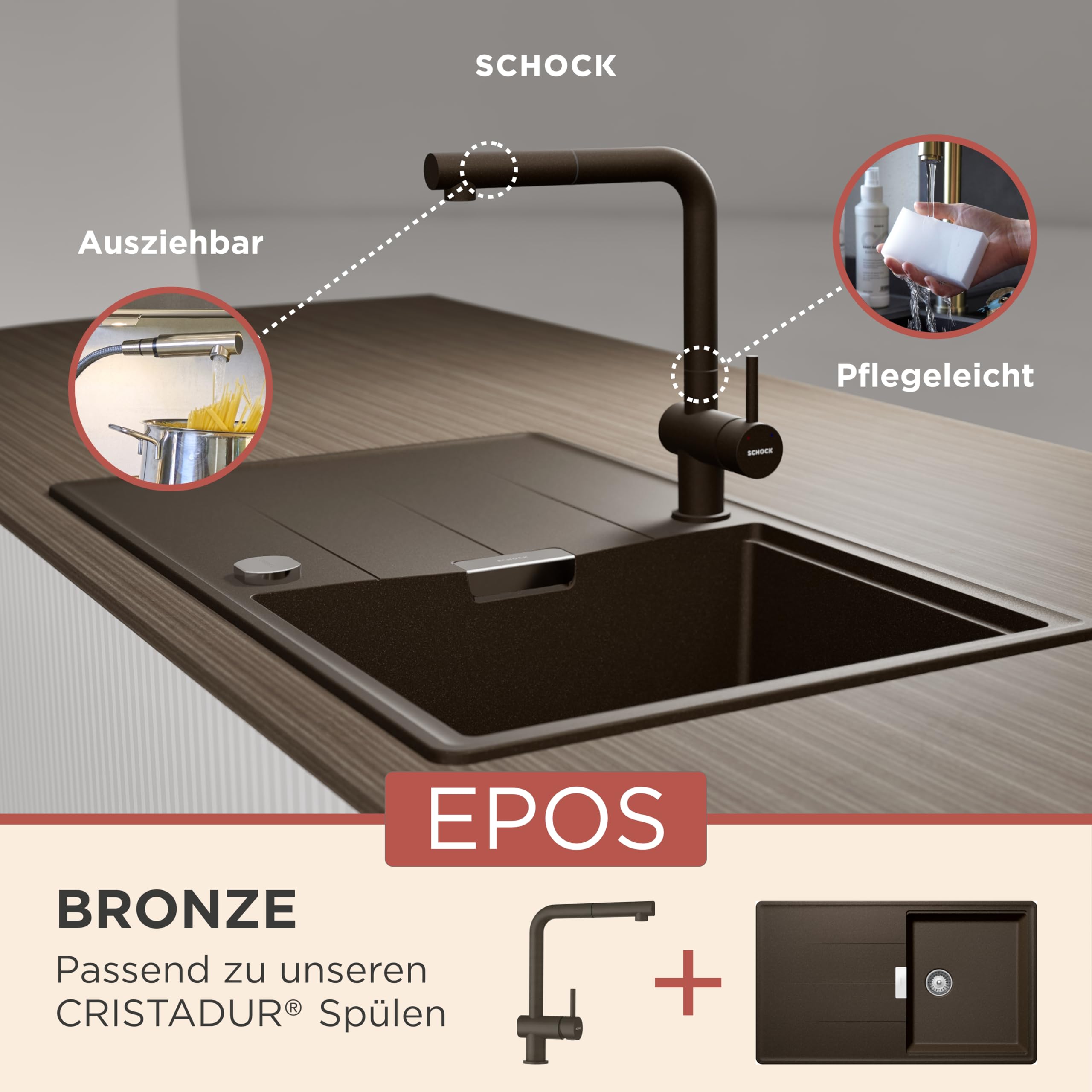 SCHOCK® Küchenarmatur Epos Bronze I braune Hochdruck Armatur mit ausziehbarer Schlauchbrause I 360° drehbar I Spültischarmatur mit Standard-Norm-Anschlüssen I modernes Design I Einhebelmischer