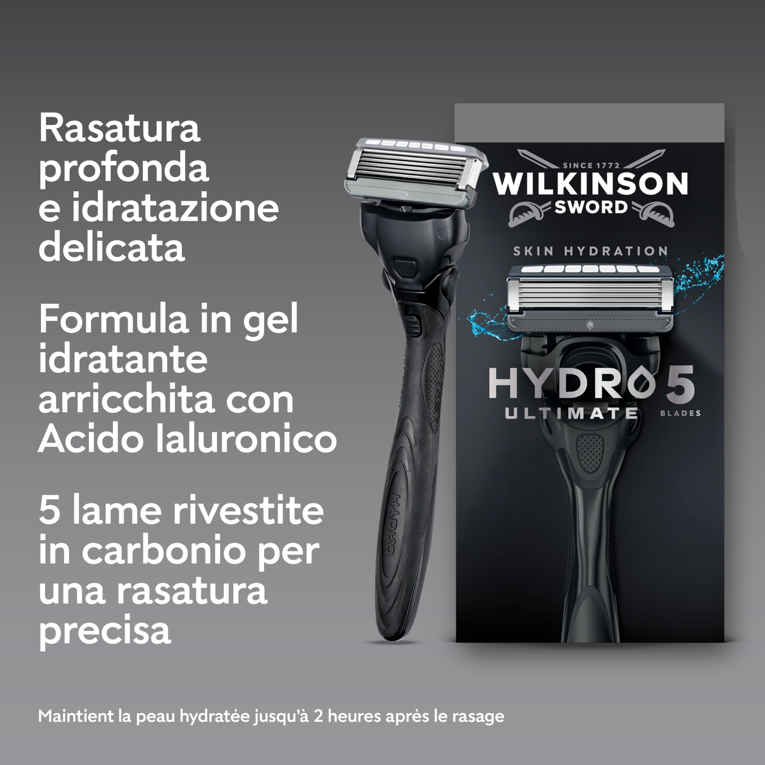 Wilkinson Sword Hydro 5 Ultimate, rasoio da uomo, formato convenienza, con acido ialuronico e lame rivestite in carbonio, manico + 5 ricariche