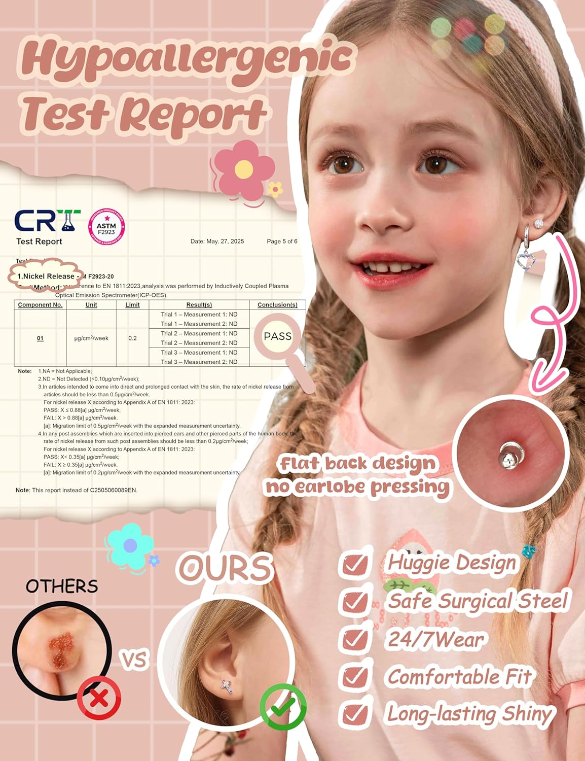 Hypoallergenic Surgical Steel Screw Back Earrings for Girls Women - Cute Toddler Kids Stud Huggie Hoop Earrings for Sensitive Ears Star Heart Butterfly Dangle Earrings Set Multicolored 20G 6 Pairs age:over 3 years old - Image 6