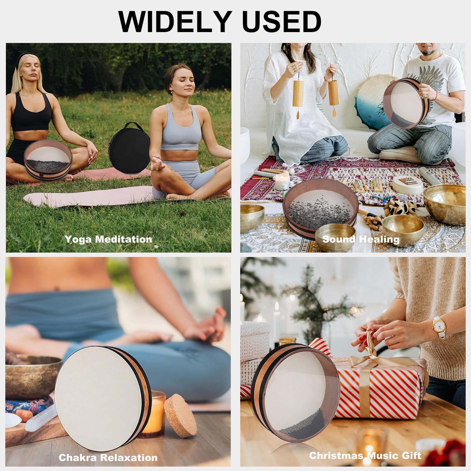 Ocean Drum - Tambor de 12 pulgadas con cabeza de tambor de piel de cabra, cuentas de acero y plástico, bolsa, instrumento de curación de sonido para yoga, meditación y relajación