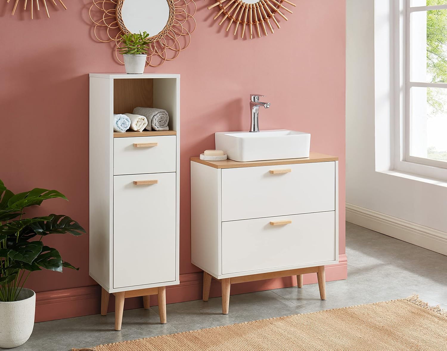 BAÏTA Mila Medio Columna de baño, ingeniería, Madera y Blanco, L30 x P29,5 x H103,5cm