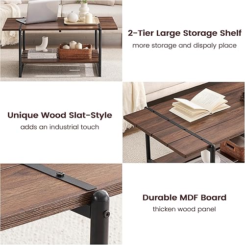 Miniatura 7 de Mesa de centro industrial moderna de 41 pulgadas de madera grande de 2 niveles con estante de almacenamiento, centro rectangular de metal rústico