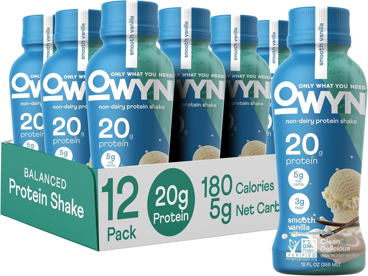 OWYN Only What You Need Plant Based Protein Shake, 20g Vegan Protein from Organic Pumpkin seed, Flax, Pea Blend, Prebiotic supplement, Superfood Greens, all-in-one nutrition, Gluten & Soy-Free (Vanilla, 12 Pack)