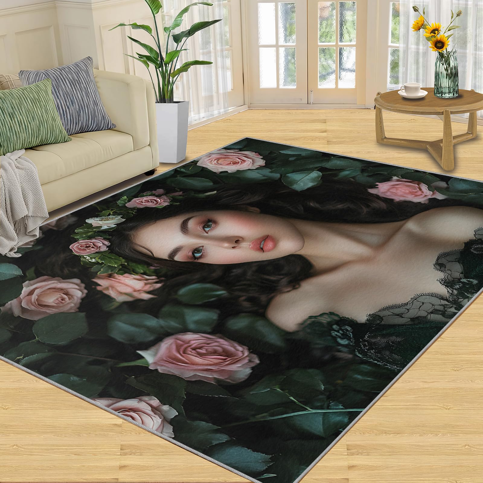 Tapis pour salon motif rose rose, douceur poils courts lavable sous vos pieds