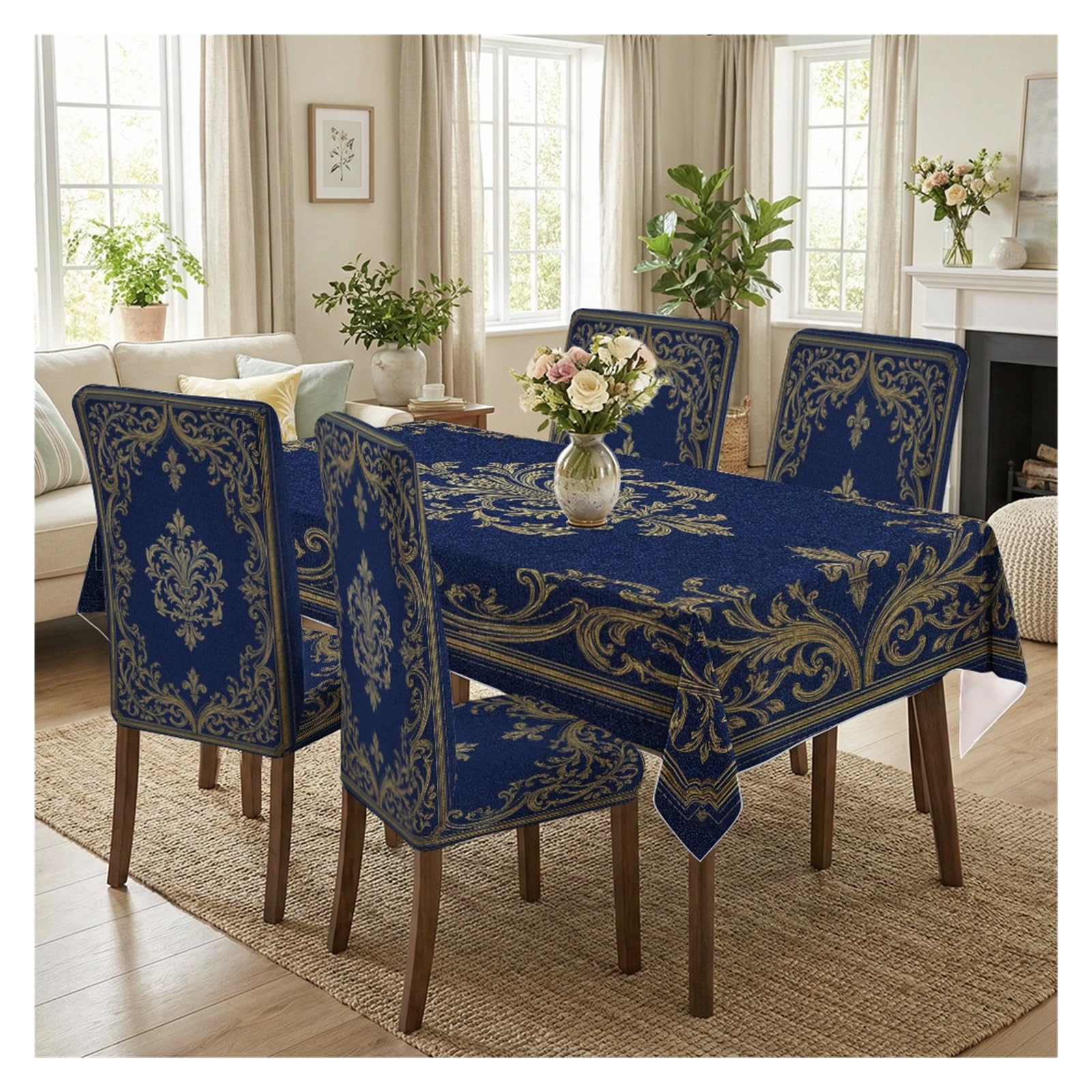 BOSUYBN Navy Blue Damask Dining Chair Covers & Tablecloth Set, 5/7 Piece Gold Ornate Slipcovers For Elegant European Decor Table Setting(5pcs Set: Tablecloth+Chair Covers)