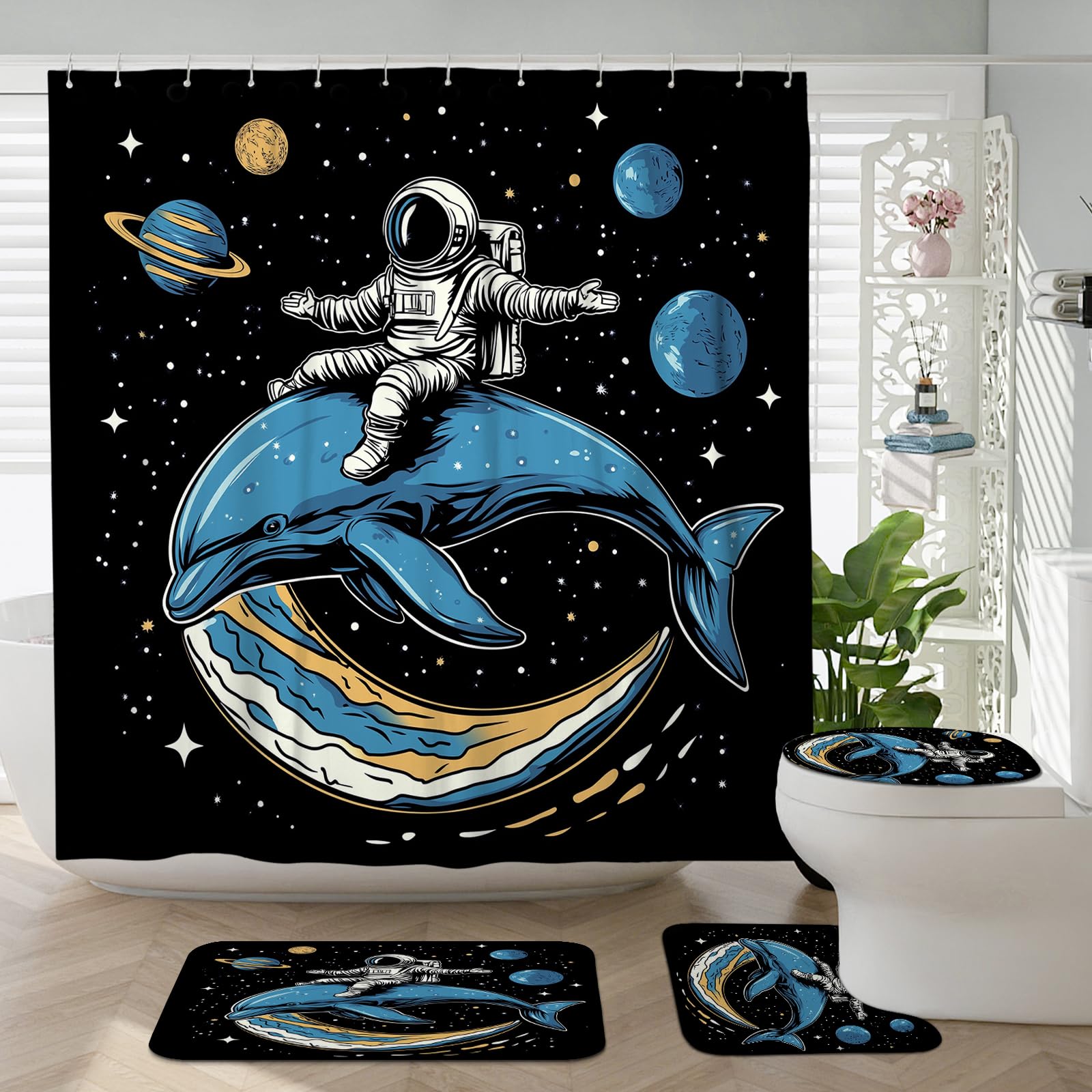 4PCS Kids Astronaut Dolphin Bathroom Sets, Bath Accessory with Non-Slip Rug, U Shape and Toilet Lid Cover Mat, Psychedelic Ocean Sealife Bathroom Decor-72''x72''