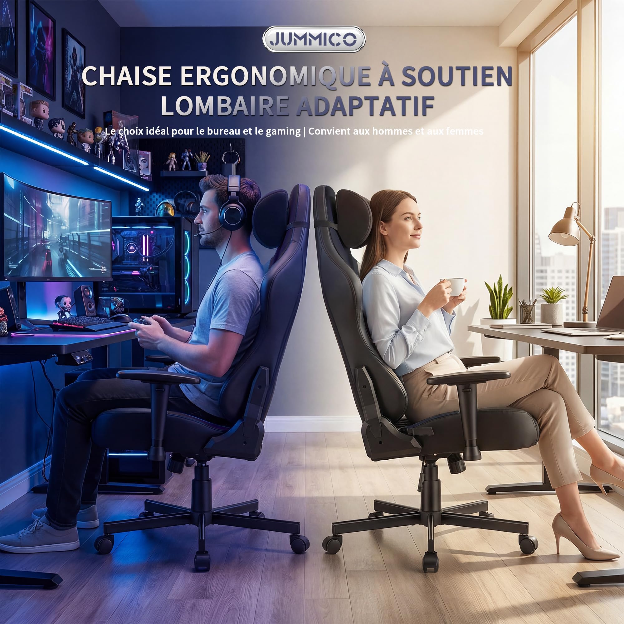JUMMICO Chaise Gaming avec Support Lombaire Réglable & Accoudoirs 2D, Chaise Informatique Ergonomique, Chaise De Bureau Respirante pour Gamers Et Bureau, Supporte Jusqu'à 150 Kg, Noir