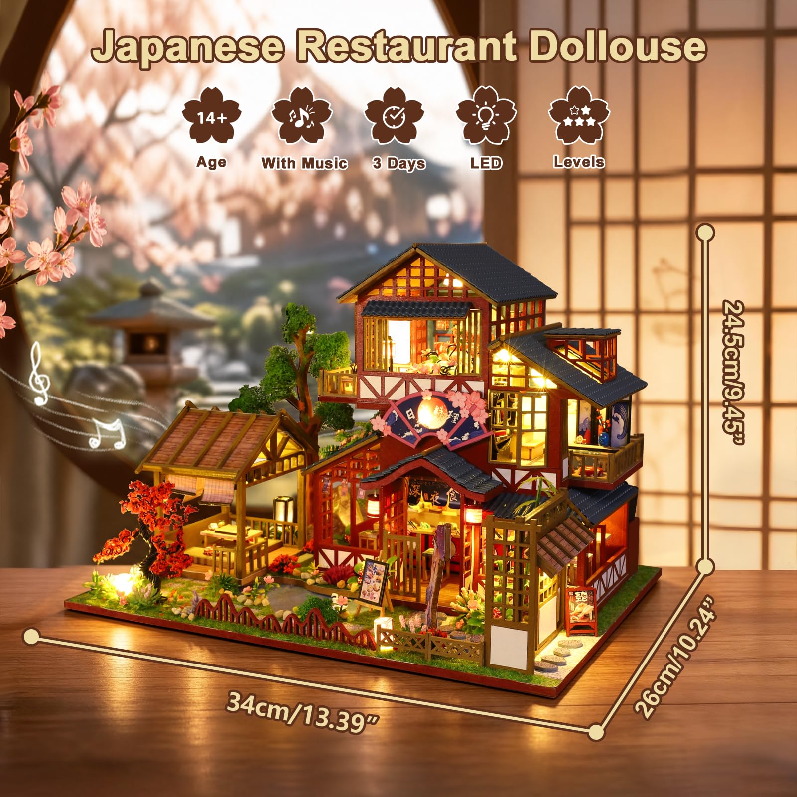 DIY Miniature Maison, Restaurant Japonais Puzzle 3D en Bois avec Lumière LED Musique, Kit de Maison de poupée pour Adultes, Maquette à Décoration pour Bibliothèque, Cadeau d'anniversaire