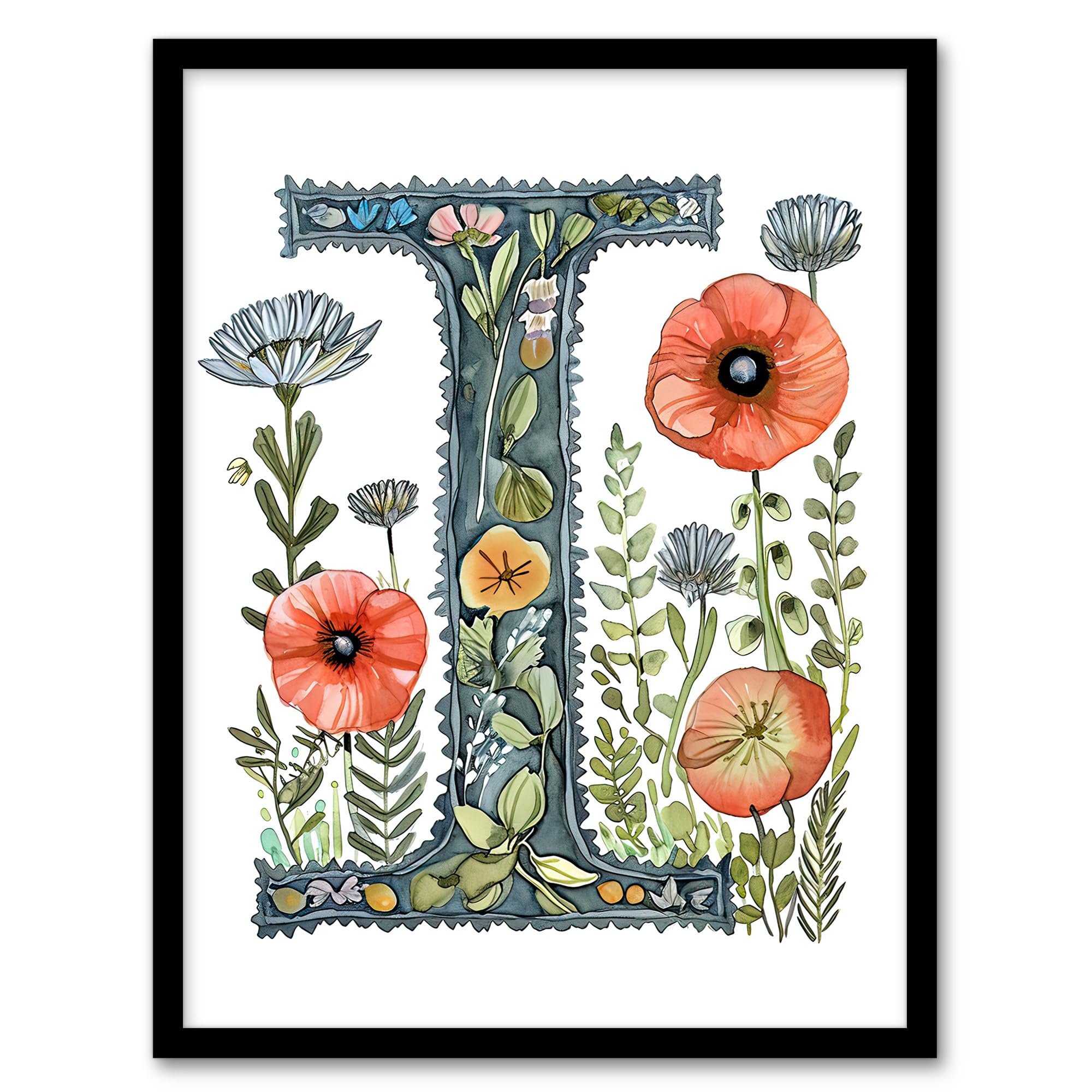 Artery8 Letter I in Watercolour Wildflowers Poppy Bouquet Floral Word Art For Her Birthday Mum Wife Woman Friend Artwork Framed Wall Art Print 18X24 Inch