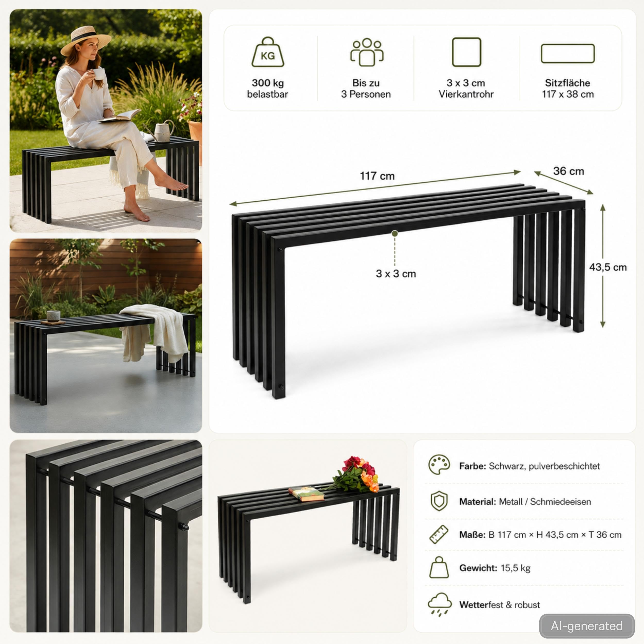 DanDiBo Gartenbank Wetterfest Metall Outdoor Schwarz 96205 Ela 120 cm Sitzbank Garten Bank Parkbank Eisen