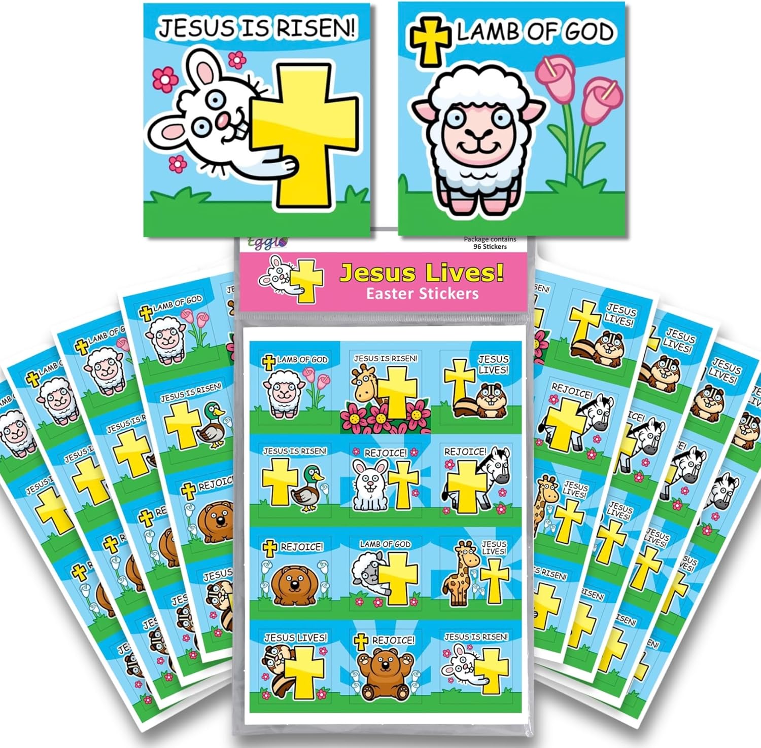 Jesus Lives! Christian Easter Stickers for Kids – Easter Egg Hunt Stuffers & Basket Fillers for Plastic Eggs, Religious Sunday School Class Party Favors, Church Classroom Crafts, 96 Pack