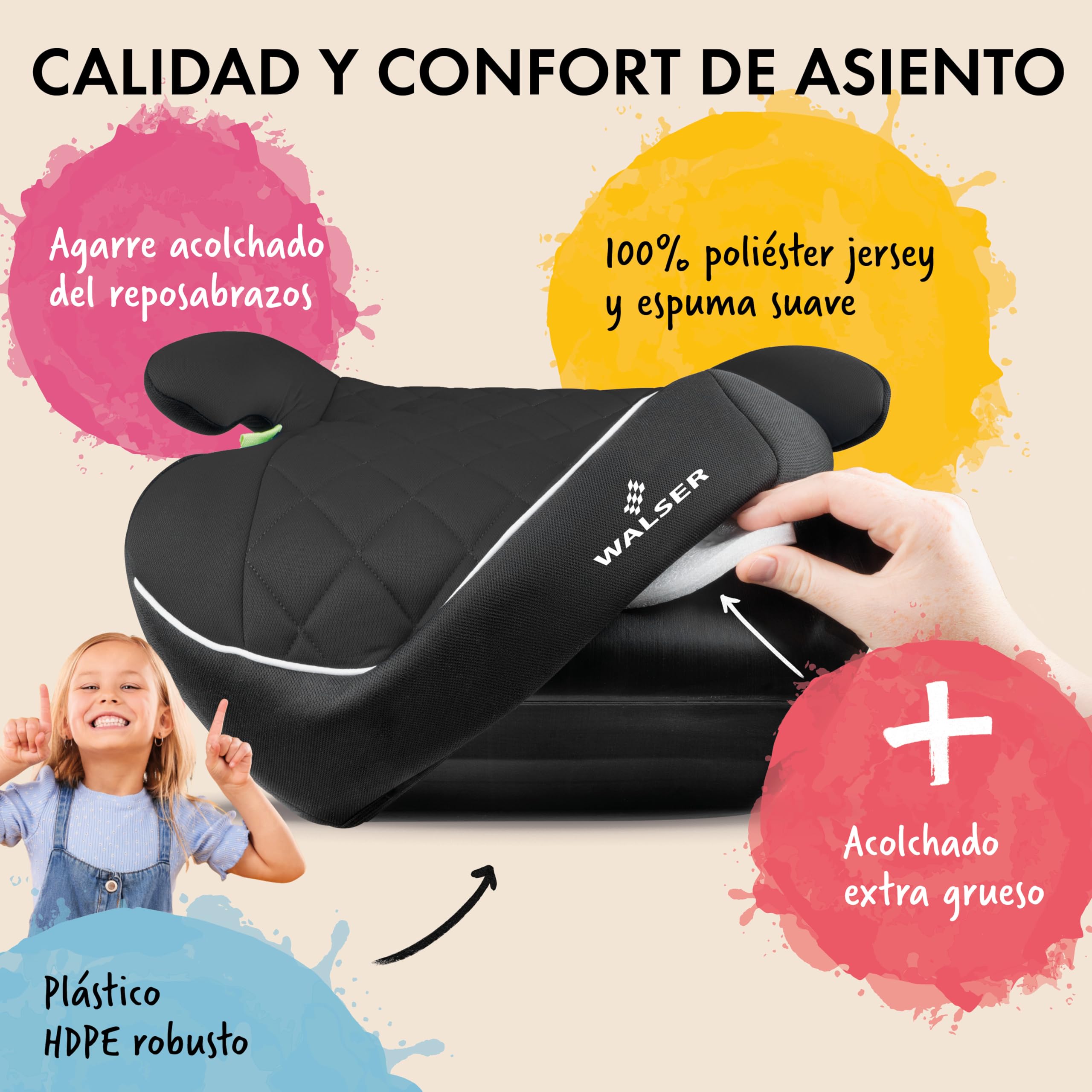 WALSER Premium asiento elevador infantil coche ISOFIX, asiento infantil coche 125-150 cm, plaza elevador niños auto Andy última norma 2024 ECE R 129 negro