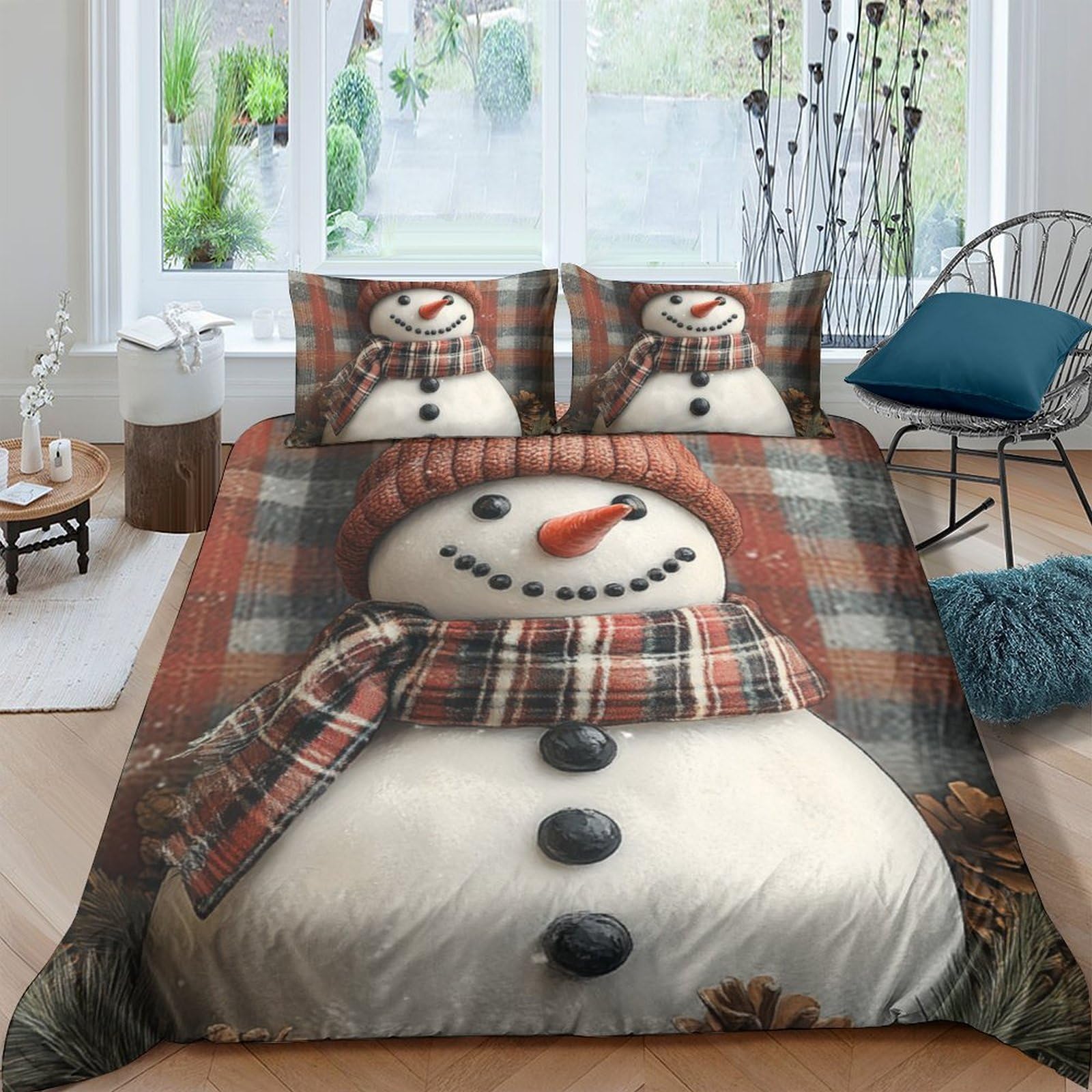 GPLZQXKJNH 3D Printed Snowman Christmas Duvet Cover Microfiber Soft Breathable Plaid Bedding Set with 2 Pillowcases for Bedroom Home Decor Single（135x200cm）