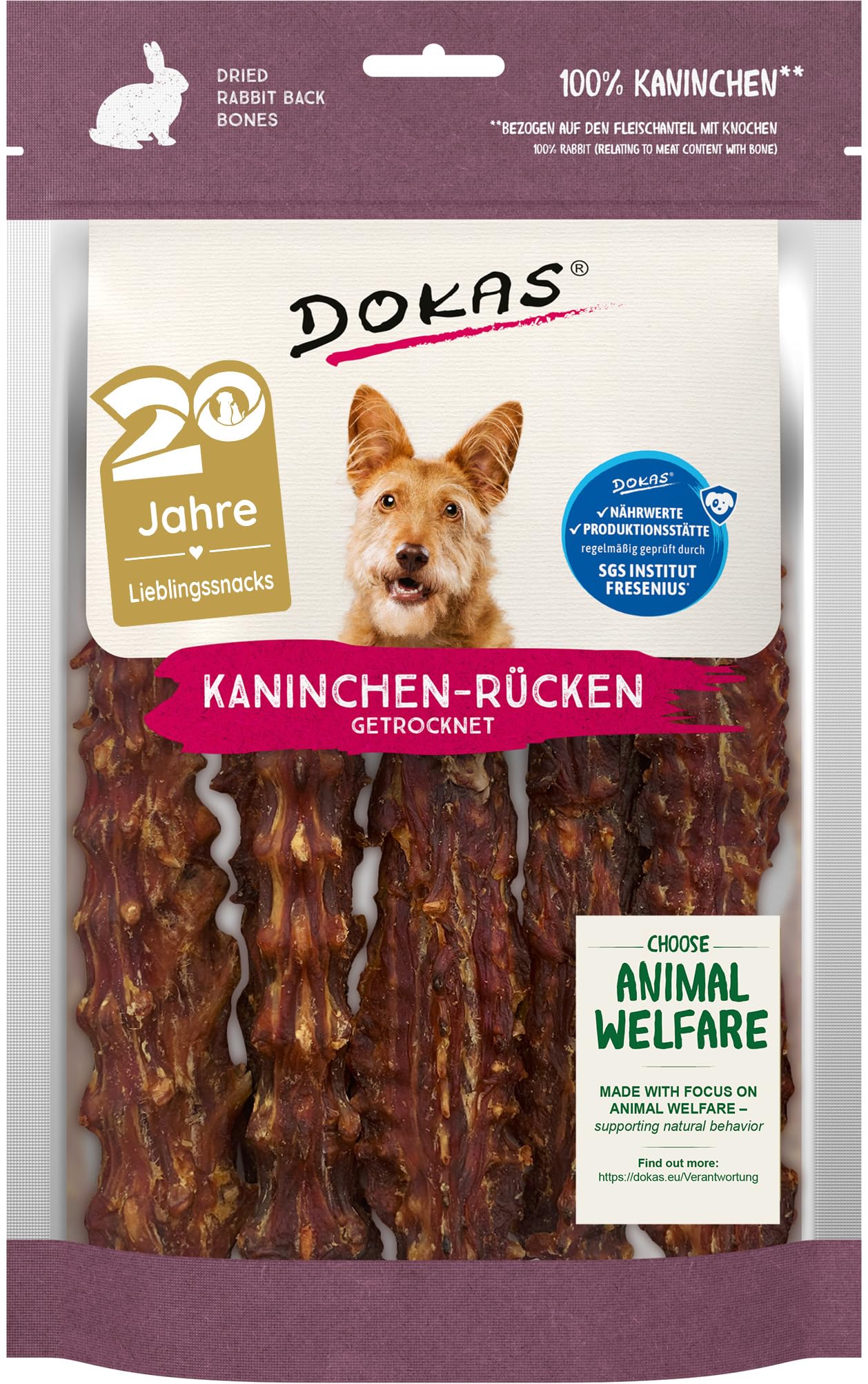 Dokas Dorso de conejo seco - delicioso aperitivo para masticar para perros - Snack Barf