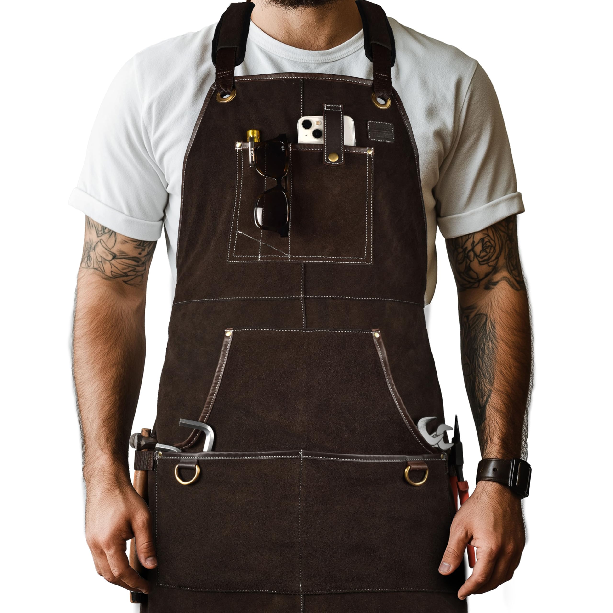 LEATHER VILLAGE Work Apron - Heavy Duty Woodworking Apron for Men with Tool Pockets for Woodworkers, Blacksmiths, Carpenters – Brown Color (Size M to XXL)