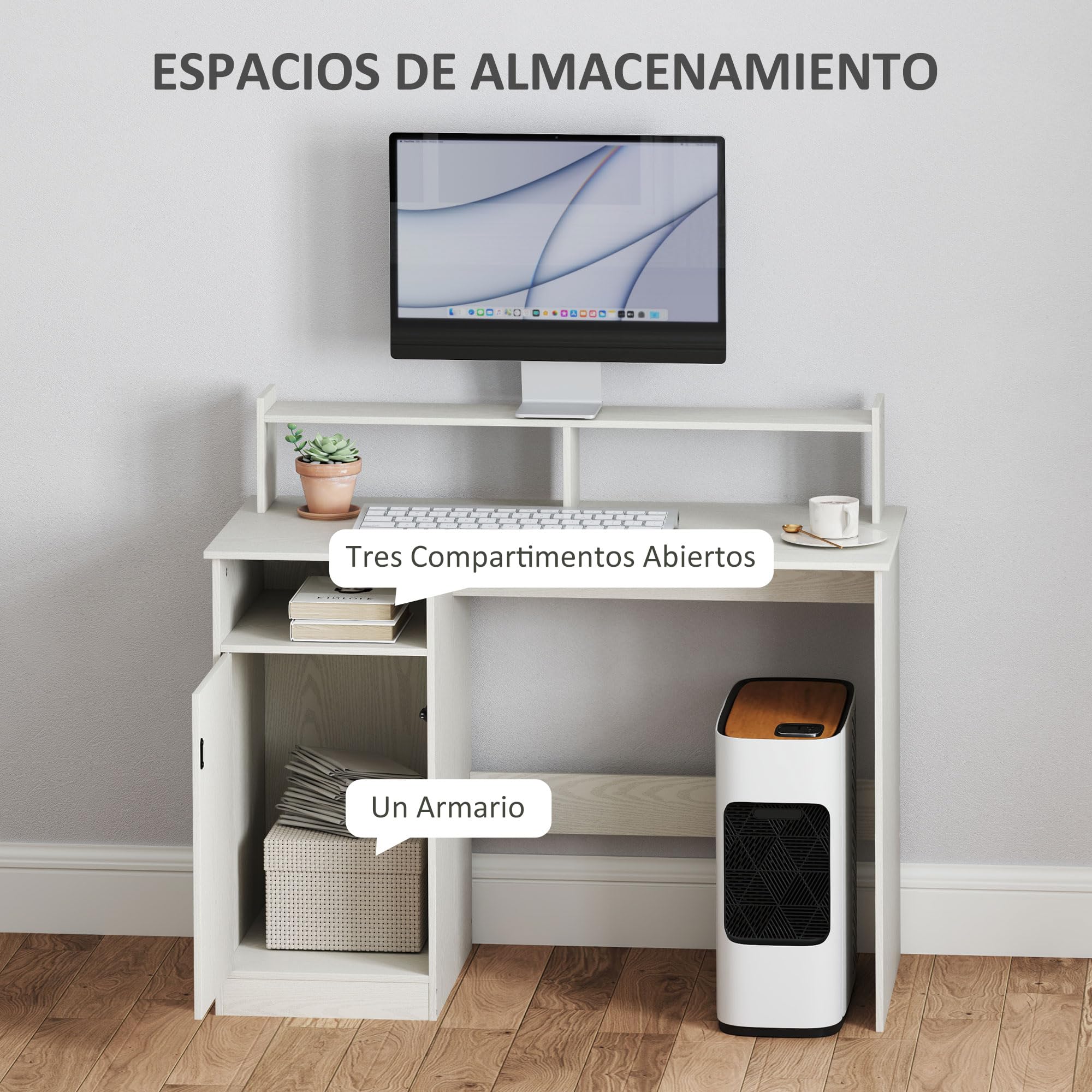 HOMCOM Escritorio con Estantería Moderno con Puerta 108x50x94 cm Crema | Compartimentos Abiertos, Soporte para Monitor, Mesa para Estudio, Dormitorio, Hogar, Oficina