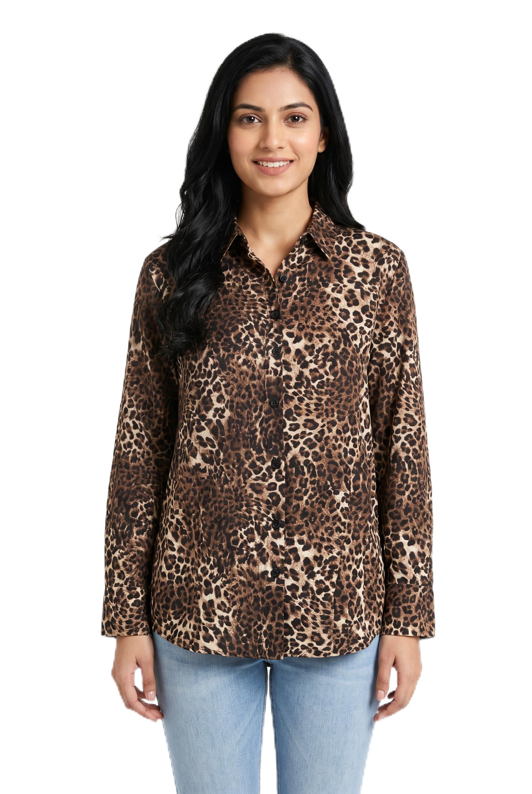 Women's Leopard Print Button-Up Shirt, Long Sleeve, Regular Fit, Spread Collar, Satin, Casual Style (in, Alpha, L, Plus)-picture-26