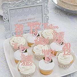30PCS 13th Birthday Cupcake Toppers Glitter Thirteen Happy 13 Straight Outta 2012 Cupcake Picks for Cheers to 13 Years 13th Birthday Anniversary Party Decorations Supplies Rose Gold