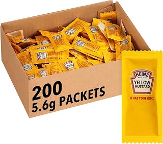 Heinz Yellow Mustard Single Serve Packets, 0.2 oz (200 Pack) - Natural Ingredients, Kosher, Tangy Flavor for Burgers & Hot Dogs