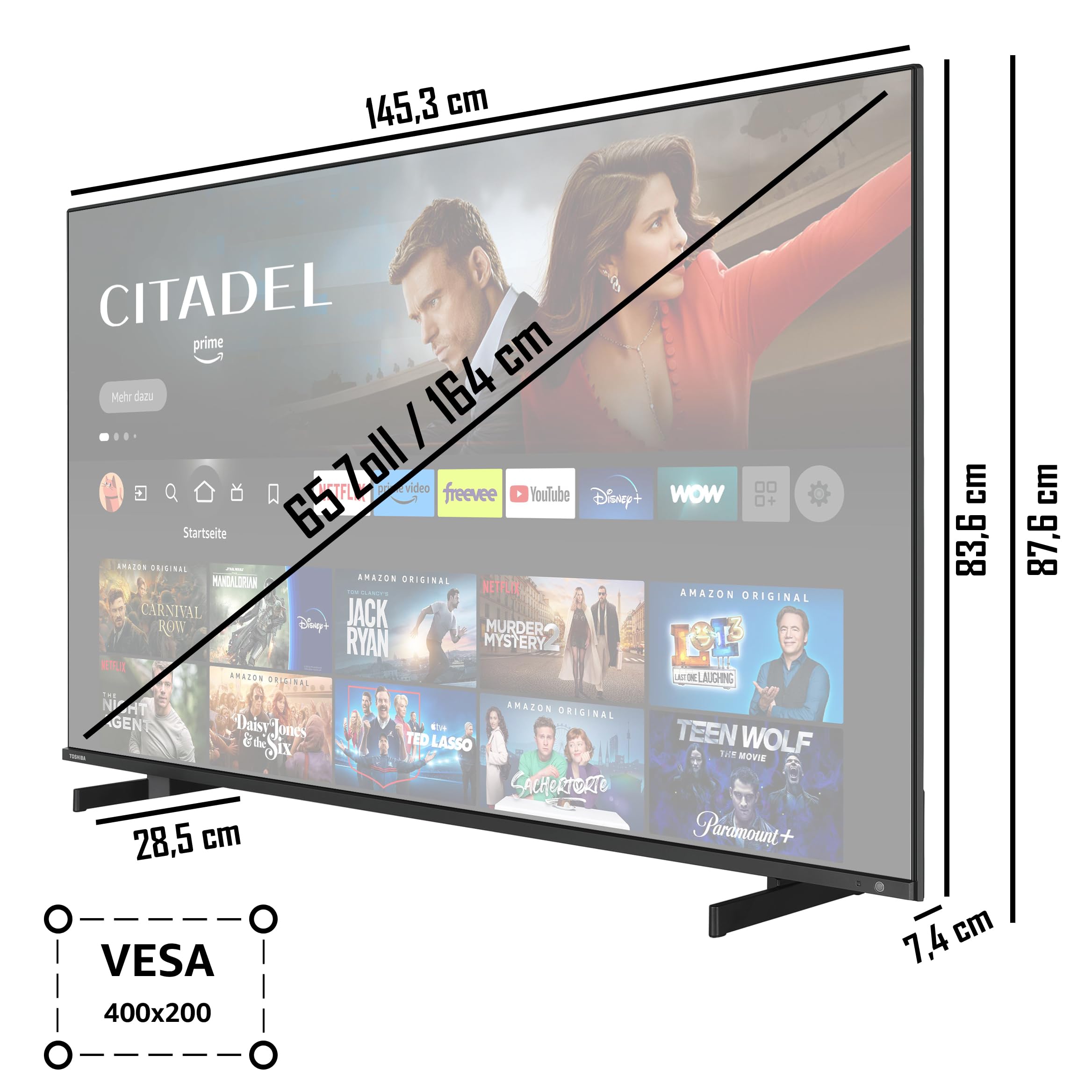 Toshiba 65QF5D63DA 65 Zoll QLED Fernseher/Fire TV (4K Ultra HD, HDR Dolby Vision, Smart TV, Triple-Tuner, Alexa Built-In, Bluetooth, Sound by Onkyo) [2023], schwarz