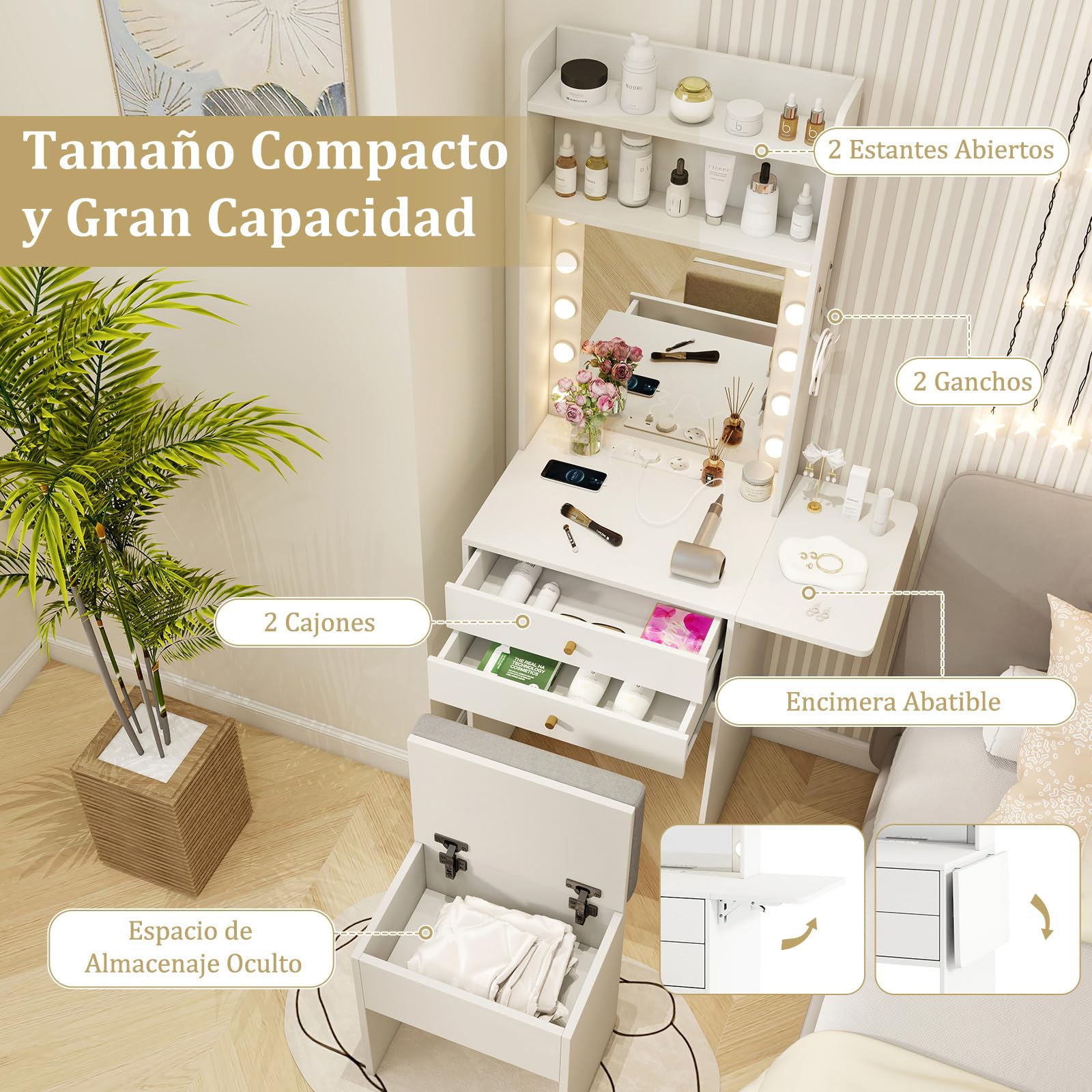 COSTWAY Tocador de Maquillaje con Luz y Espejo, Carga de Estación, Taburete con Almacenamiento, Tocador Pequeño de Panel Plegable con Cajones y Estantes, 72 x 39 x 151 cm, Blanco