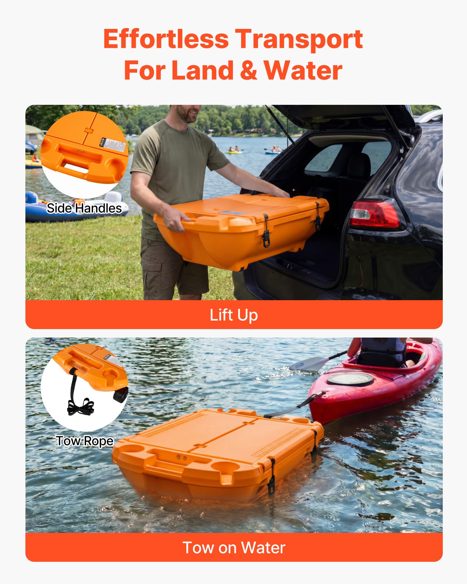VEVOR Glacière Flottante 37,9 L, Bar Flottant Rigide en LLDPE, pour Boissons Fraîches sur l'eau et Terre Piscine Plage, Glacière Amphibie avec Compartiment Sec et Corde de Remorquage, Orange