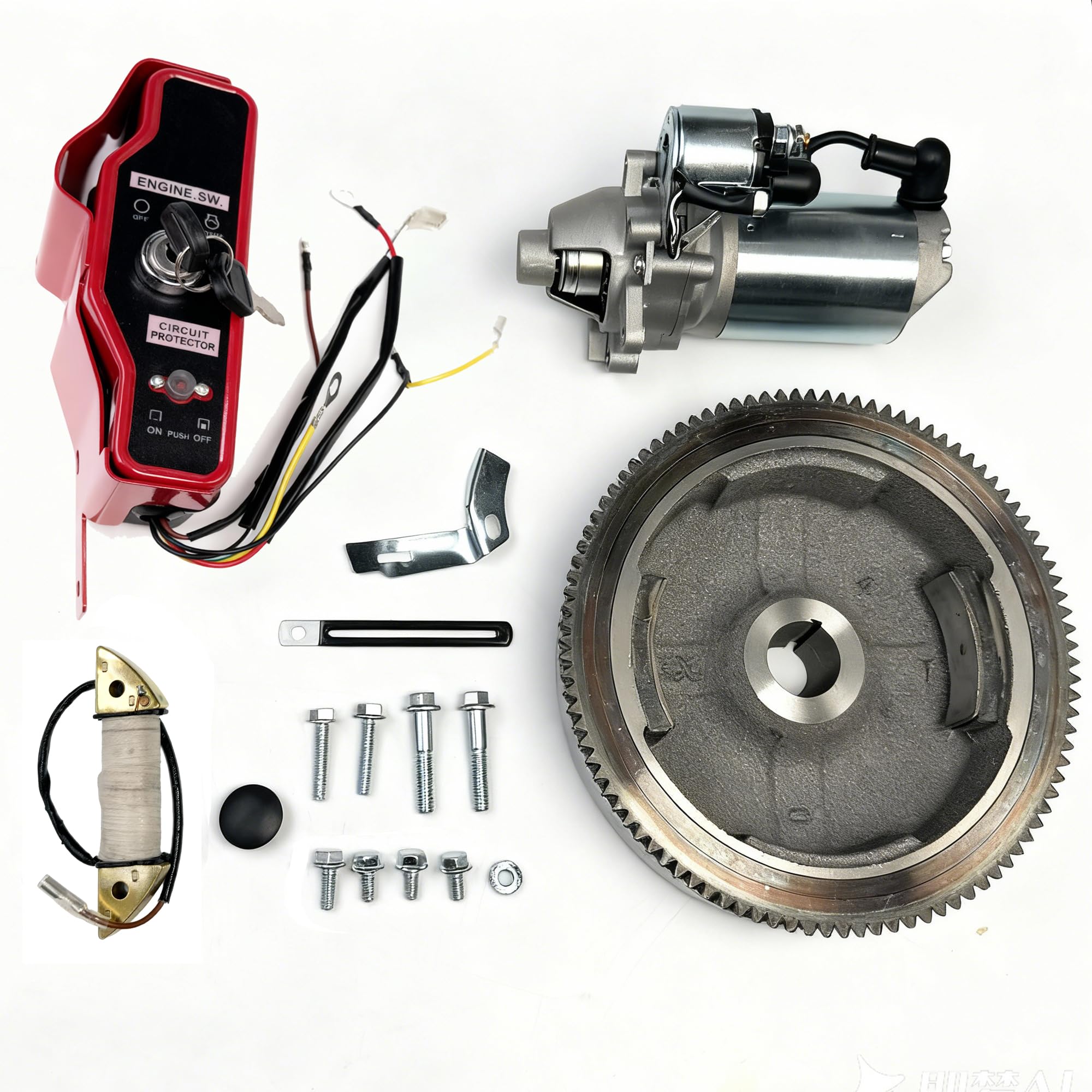電動スタートモーターエンジンフライホイールスターターチャージイグニッションコイルスイッチ電気フライホイールスイッチイグニッションキット ソレノイドフライホイール&リングギアキースイッチボックス付き GX390 13HP/GX340 11HP(GX390)用
