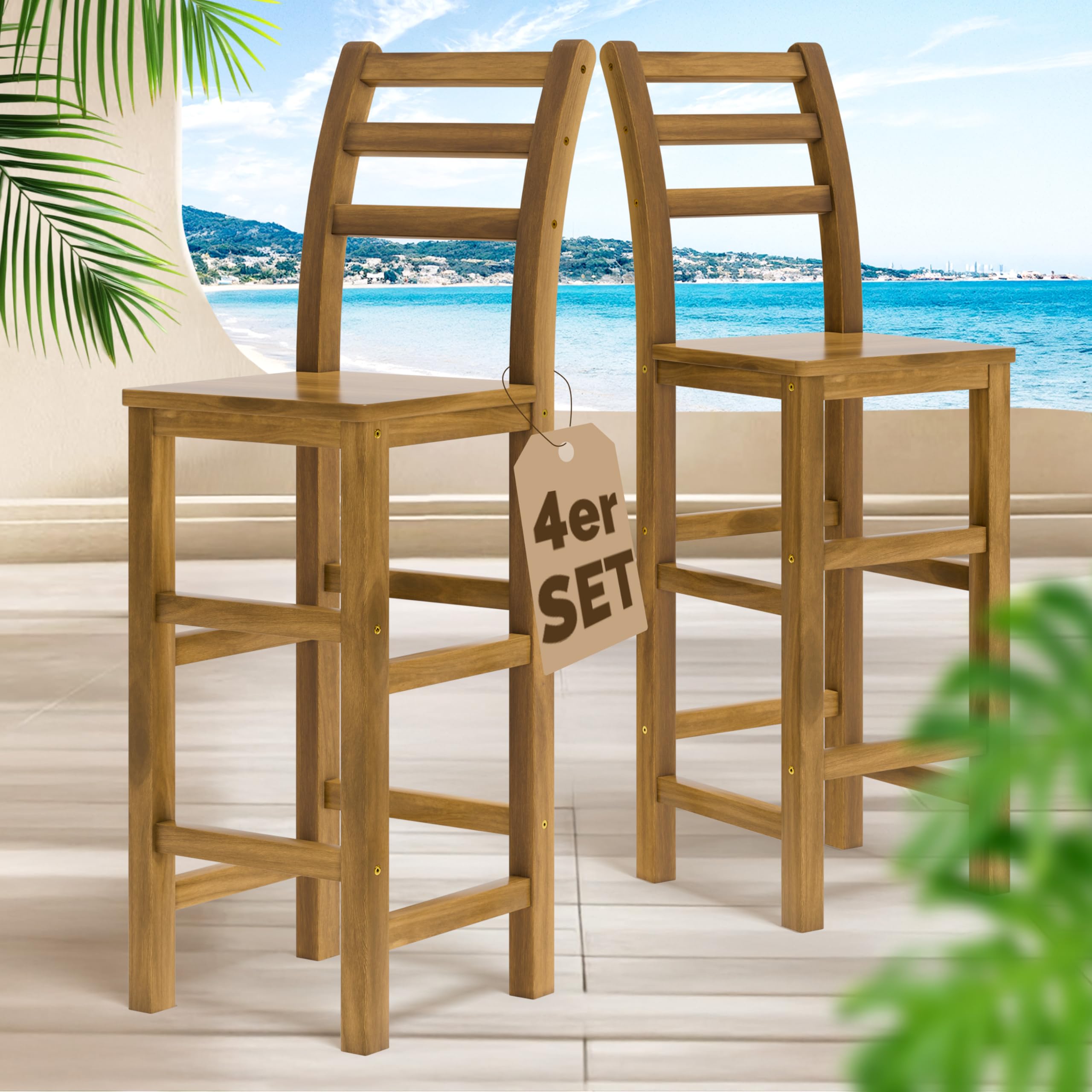 Casaria® Set 4 Sgabelli Rustici in Legno con Schienale per Esterno 75cm con Poggiapiedi Sgabello Bar Giardino Cucina