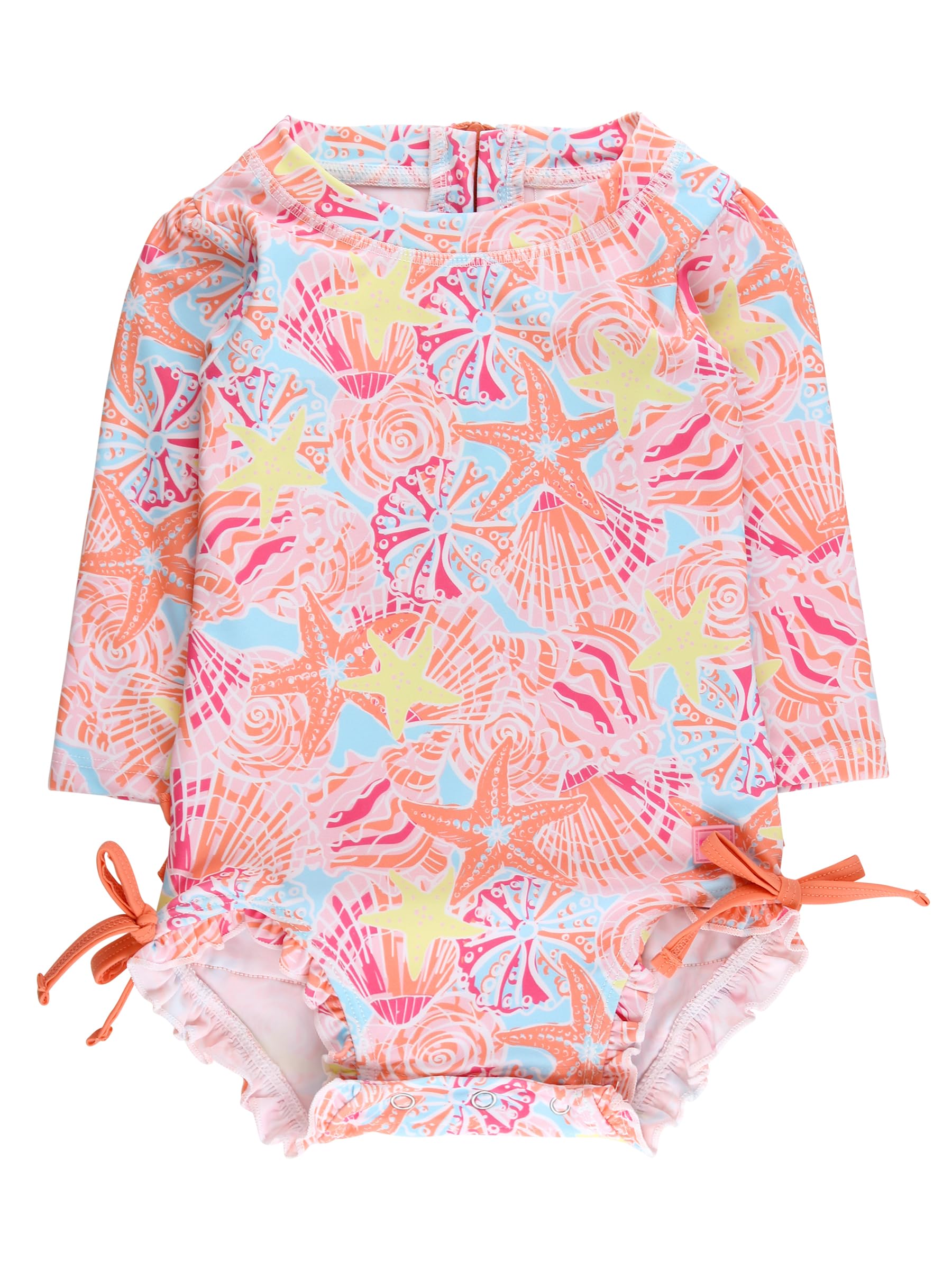 RuffleButts Baby Girls Novelty Baby One Piece - Rash Guard Swimsuit | 80% Nylon 20% Spandex, UPF 50+, Lightweight, Medium Stretch, Full Seat Coverage, Bottom Snaps, Unlined, Infant Beach Swim