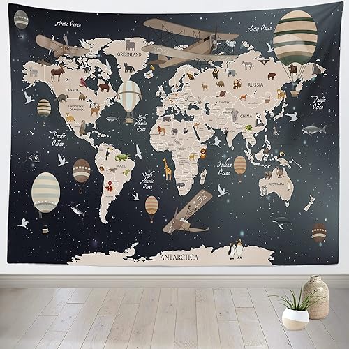 Miniatura 2 de BELECO Tapiz de mapa del mundo para colgar en la pared, diseño de animales de dibujos animados, 60 x 40 pulgadas, diseño vintage de aviones