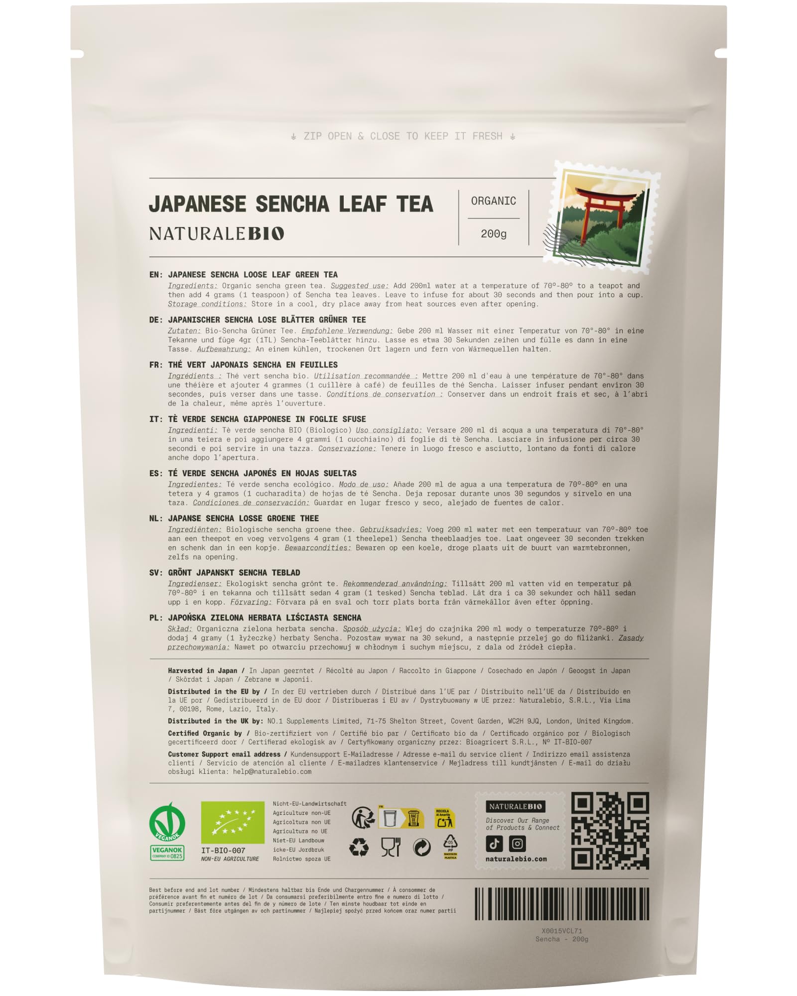 NaturaleBio Té Verde Sencha Japonés Orgánico - Upper Grade - de 200g. Bio, Natural y Puro, Té Verde en Hojas de la Primera Cosecha, cultivado en Japón. Organic Japanese Sencha Green Tea.