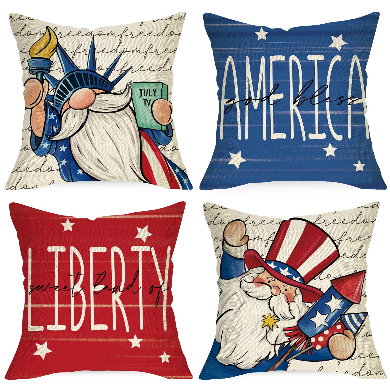 Ussap4th of July Patriotic Decorative Throw Pillow Covers 20x20 Set of 4, The Statue of Liberty Gnome Uncle Sam God Bless America Cushion Case Decor, Red Blue Sweet Land American USA Home Decoration