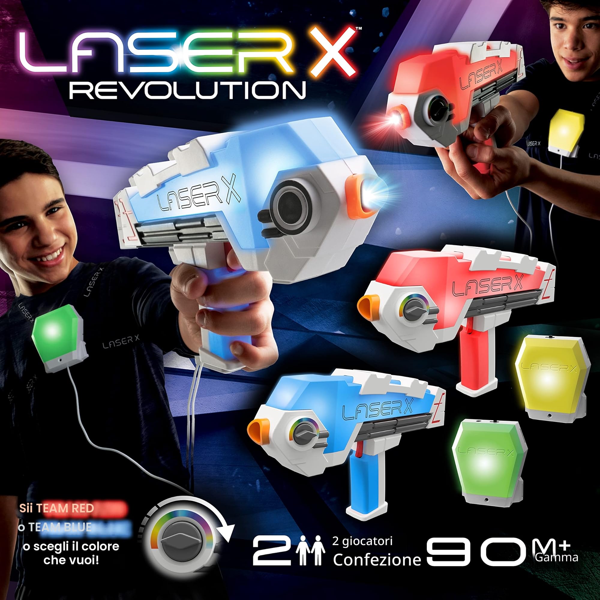 Laser X Revolution Double Blaster, scegli il colore della tua squadra, supera i 90 metri con Voice Coach. Esperienza di gioco a infrarossi nella vita reale.
