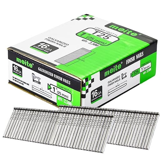 meite 16 Gauge Finish Nails, 1-Inch Galvanized 16GA Finish Nails, Small Straight Finishing Nail, Ideal for Woodworking, Upholstery, and Framing Projects (2,500 Counts)
