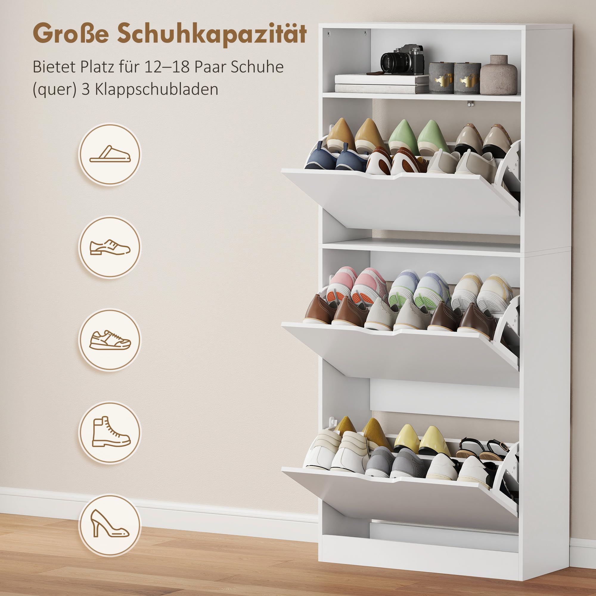 HOMCOM Schuhschrank mit 3 Klappen, Schmal Schuhkipper mit Ablage, Verstellbar Trennwand Schuhregal für 12-18 Paar Schuhe Schuhkommode für Flur, Eingang 60 x 26 x 140 cm, Weiß