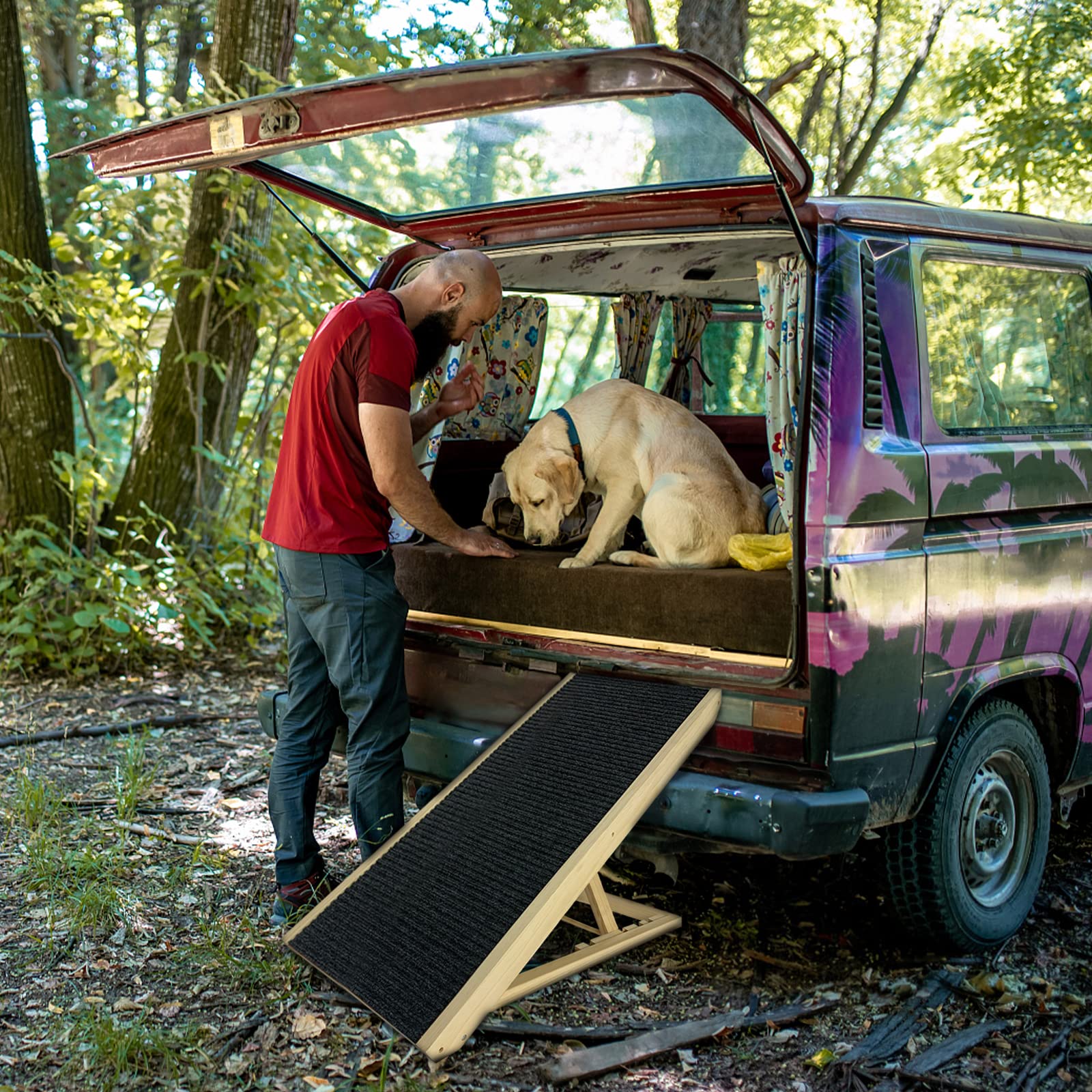 Froadp Scaletta per Cani di Piccola Taglia Rampa per Cani in Legno di Pino con Tappeto Antiscivolo Scale Pieghevoli per Gatti Regolabile in Altezza Animali Domestici Scala per Letto o Divano