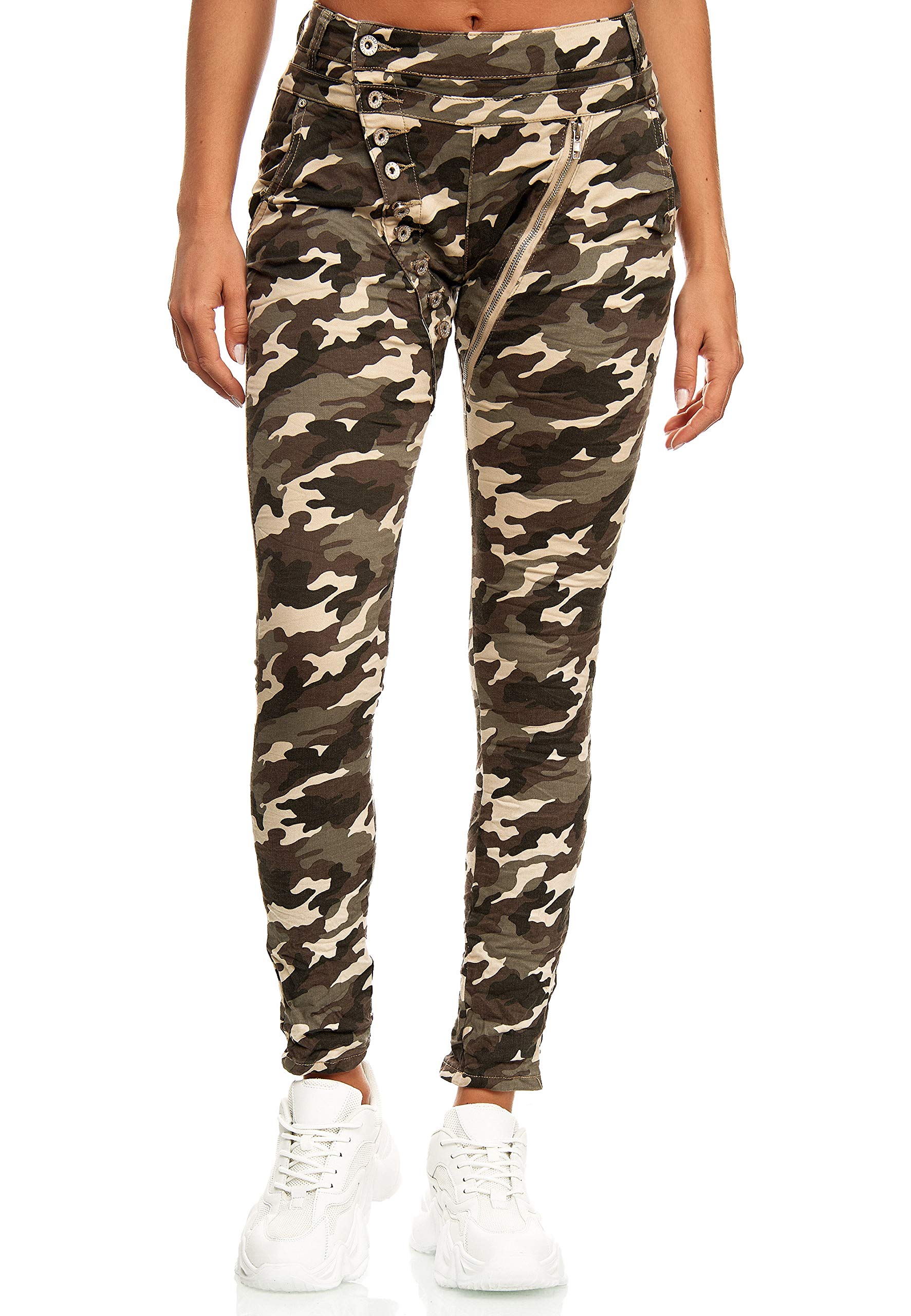 Elara Damen Jeans Boyfriend Baggy Knopfleiste Chunkyrayan EL05AR Camouflage 44 (2XL)