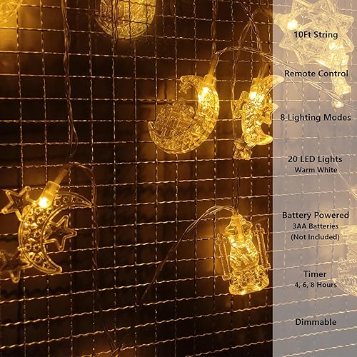 Miniatura 2 de Cadena de luces Eid de Ramadán que funciona con pilas, 10 pies, 20 luces LED, luna, estrella, castillo, farol, luces Eid Mubarak con temporizador