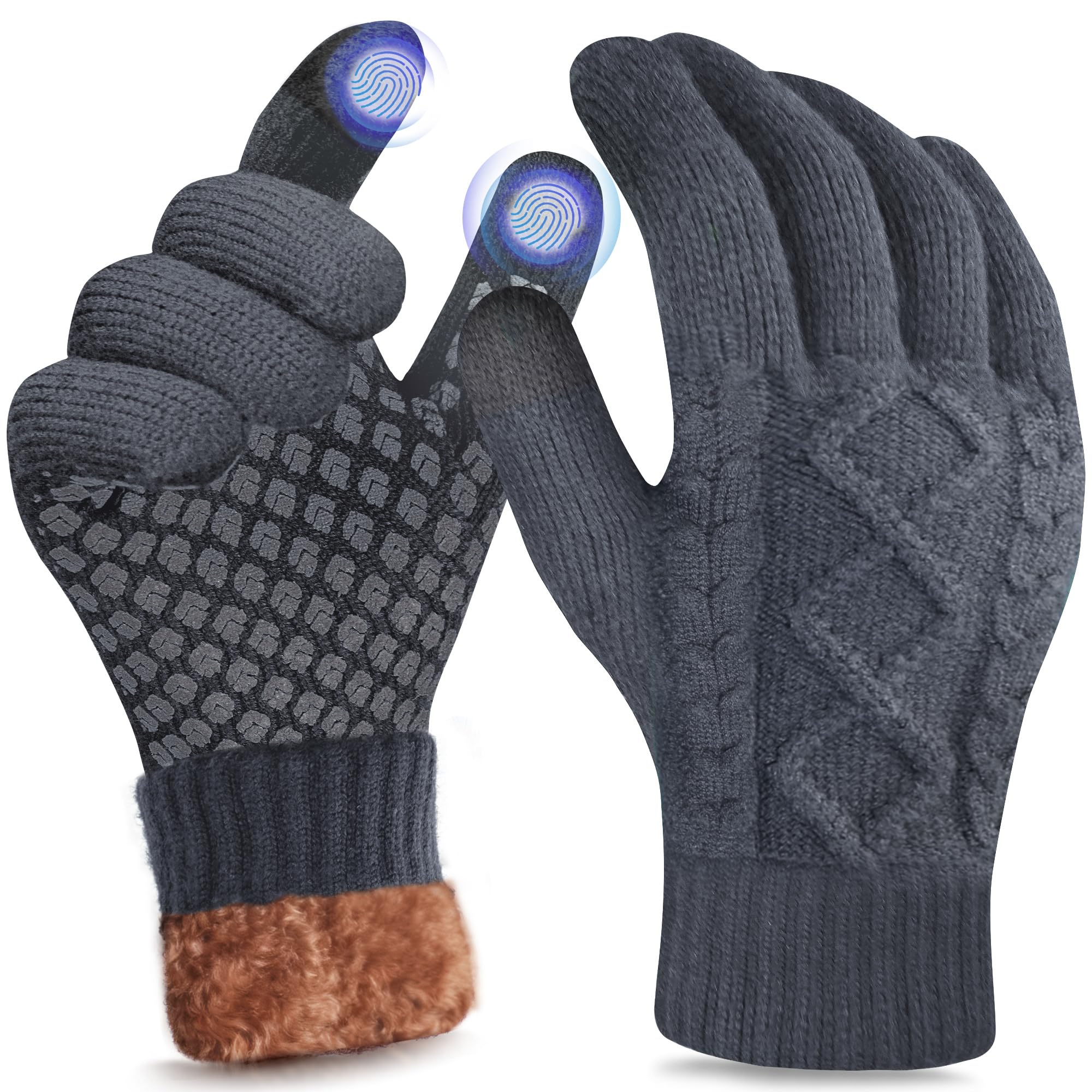 2 Paia Guanti Invernali Termici Da Donna, Touch Screen, Lavorati A Maglia Spessa, Fodera In Pile, Polsini Elastici, Per Guida E Sport Invernali, Nero E Grigio