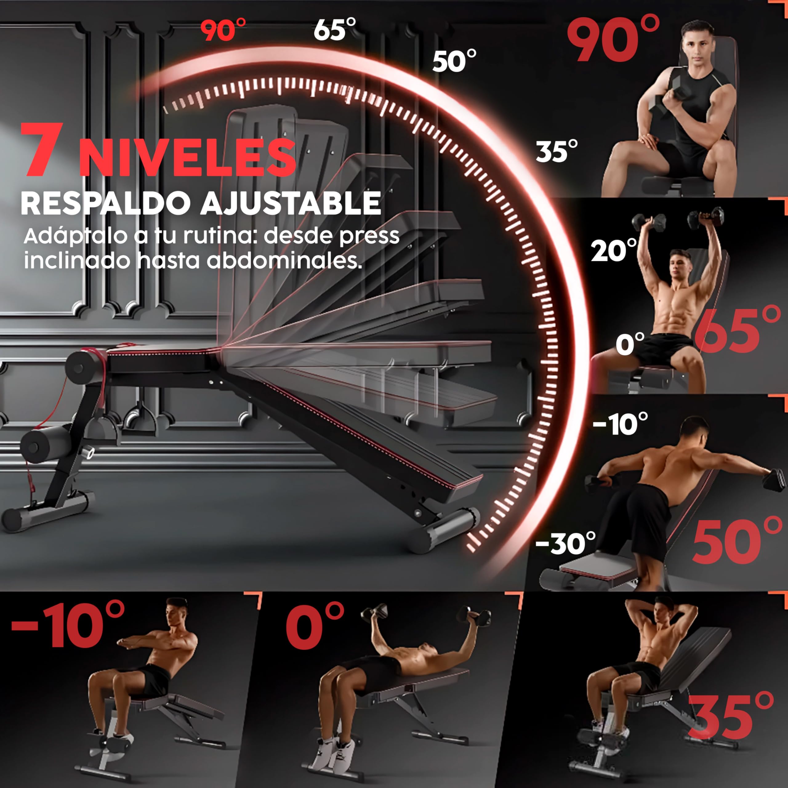 EveryKip Banco de Musculación Ajustable y Plegable para Pesas y Mancuernas, Banco de Pesas Multifunción Gimnasio en Casa, Entrenamiento 7 en 1,Regulable, Abdominales Red Para Gatos 8x3m