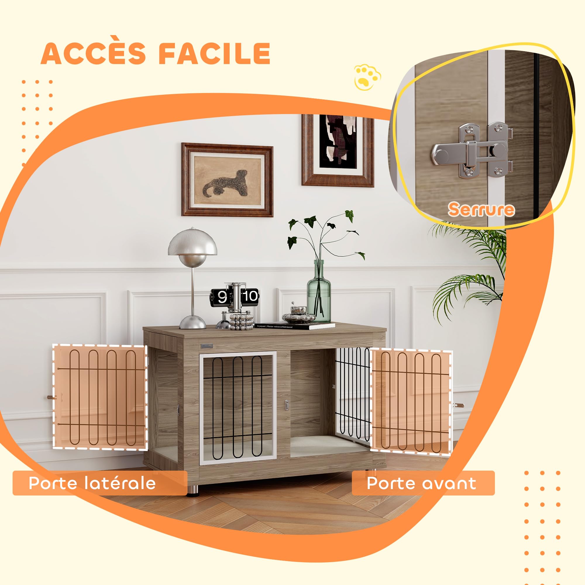 PawHut - Jaula para perro, mueble de jaula para perro, interior, mesa auxiliar multiusos con doble puerta y cojín, para perro, tamaño mediano y grande, 90 x 58 x 65 cm, aspecto nogal
