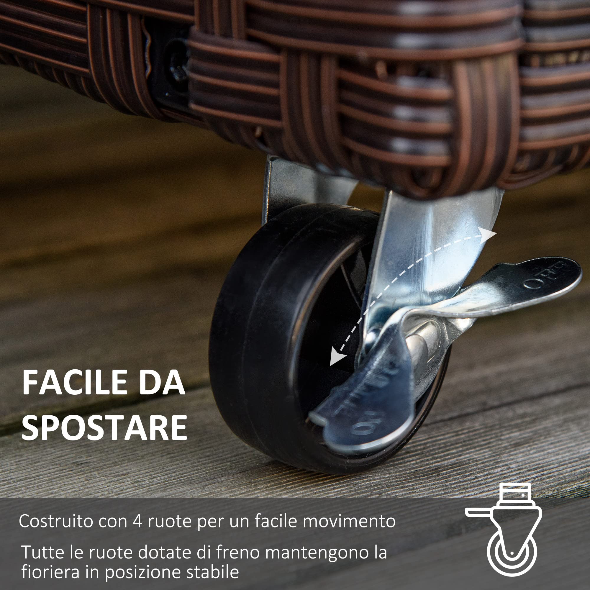 Outsunny Fioriera Rialzata, Letto per Orto in Rattan Sintetico con 4 Ruote Bloccabili, per Interni ed Esterni, 94.5x31x36cm Grigio talpa