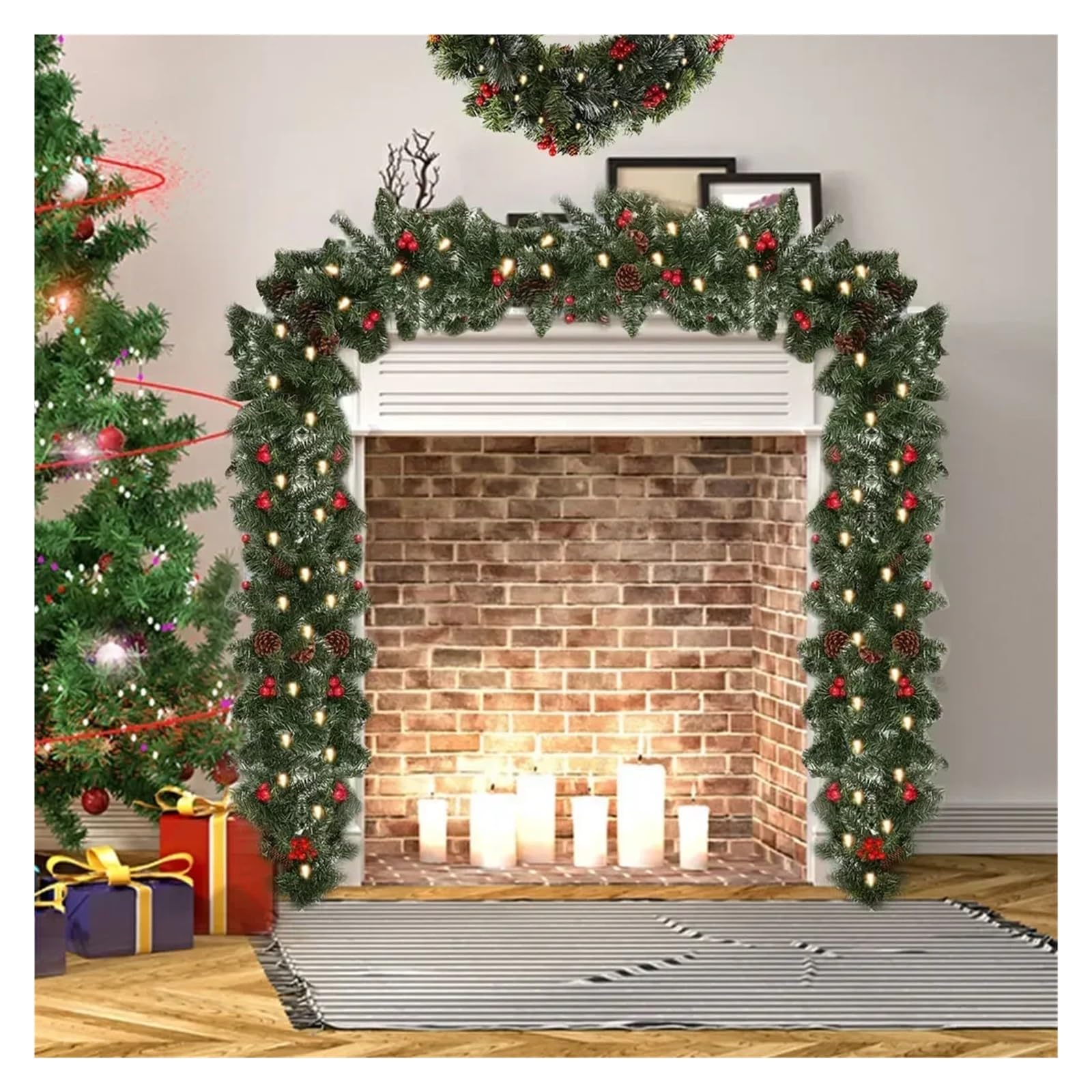 Guirnalda de Navidad Coronas navideñas con piñas y Frutos Rojos, Guirnalda navideña Artificial for chimeneas, escaleras, Puerta Principal, decoración de Año 2.7M No Light