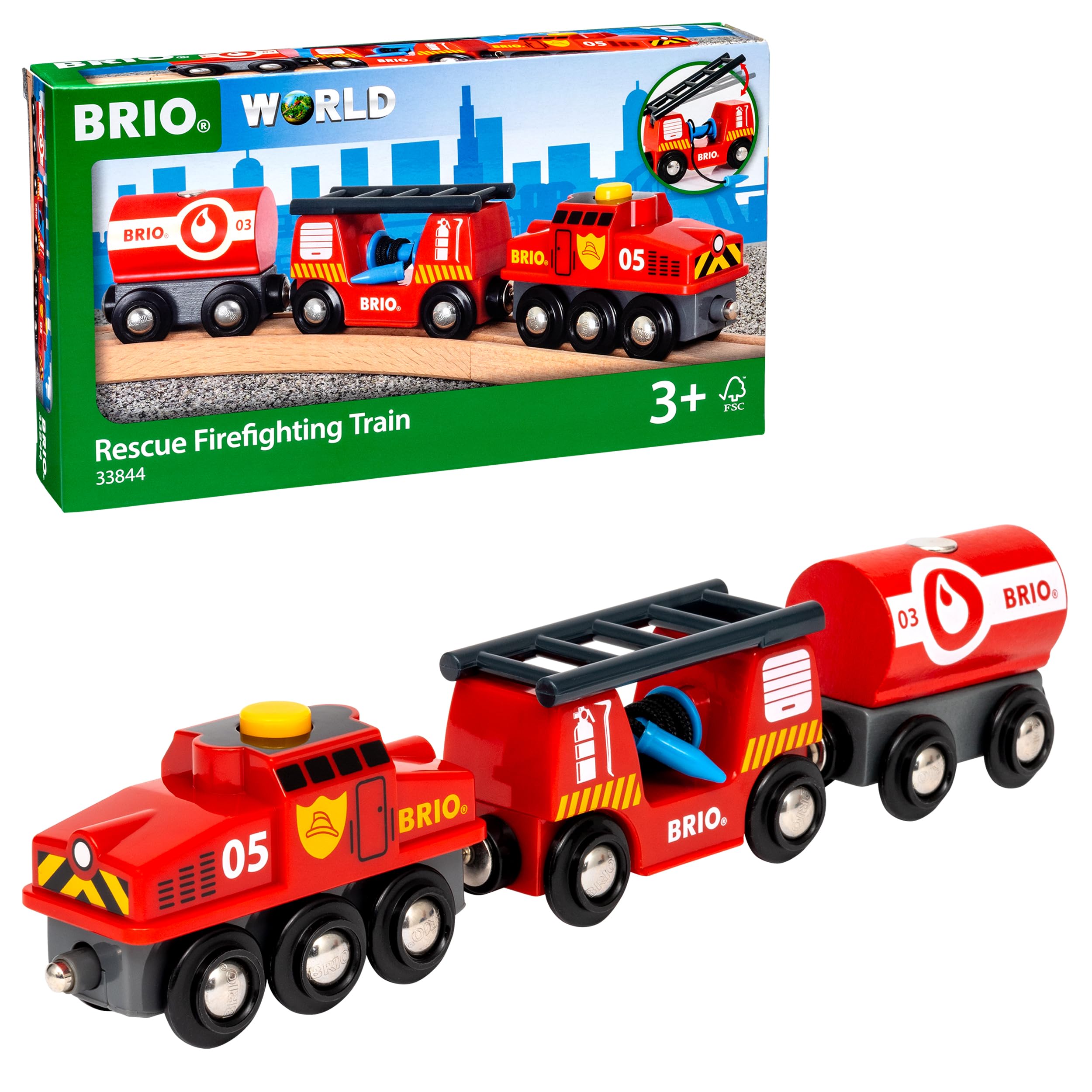BRIO World 33844 Feuerwehr-Löschzug - Feuerwehrzug mit Feuerwehrschlauch und Wassertank - Kleinkindspielzeug empfohlen ab 3 Jahren
