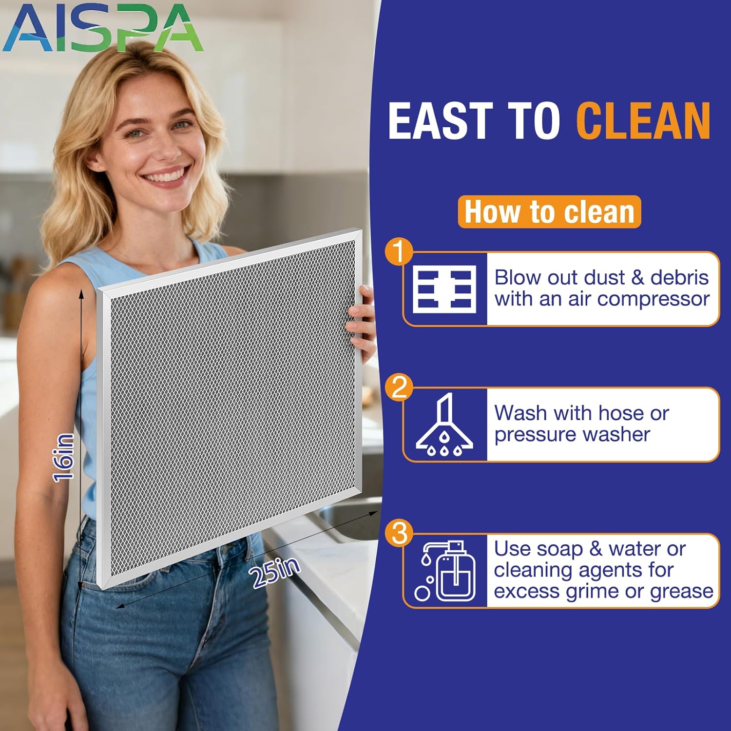 16x25x1 air filter, MERV 11, Electrostatic Air Filter, 2 Pack Washable and Reusable Furnace filter with Sturdy Aluminum Alloy Frame, Nylon Mesh, Fits 16 x 25 x 1 Air Filters for Furnace