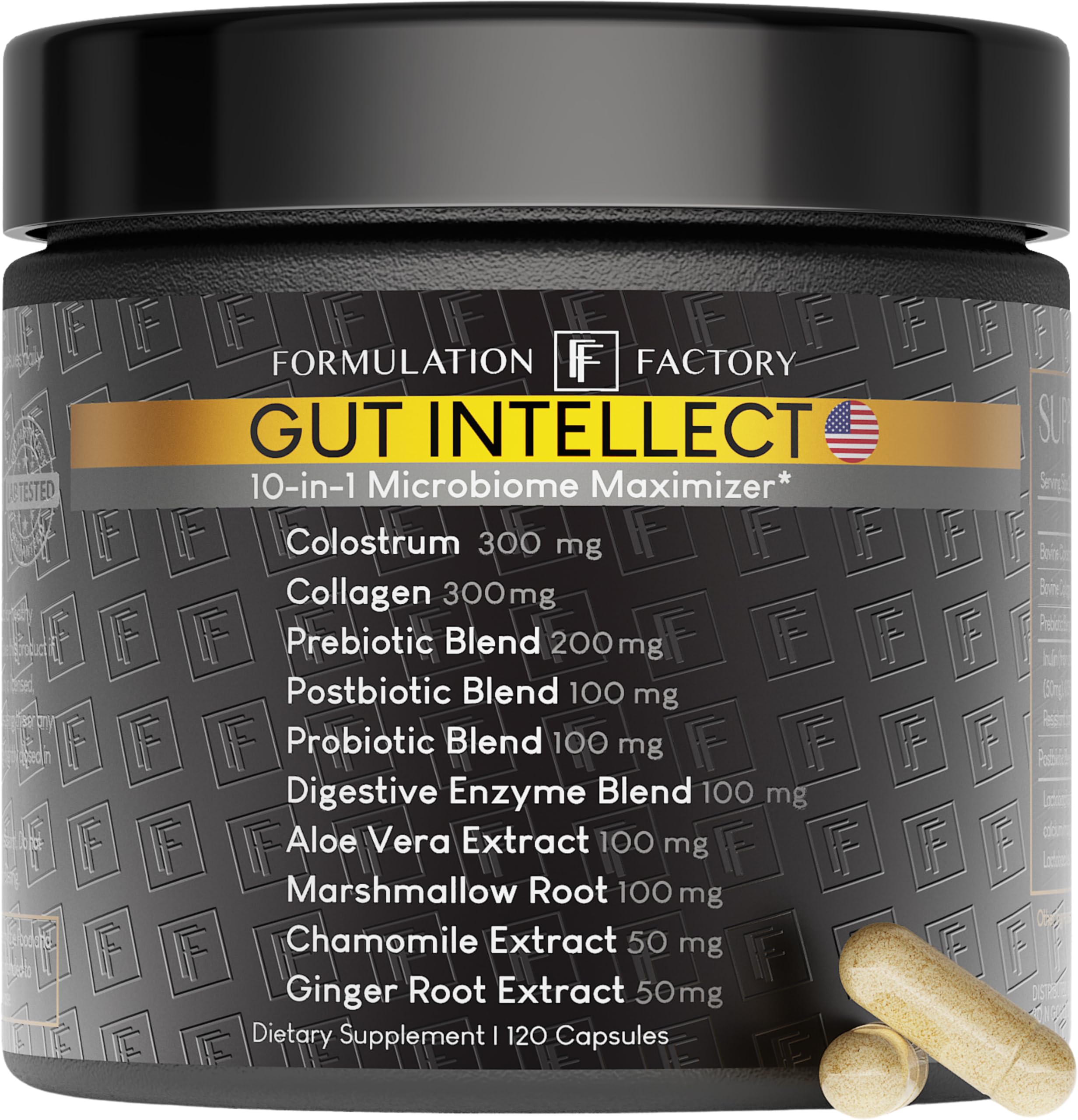Formulation Factory Gut Intellect 10-in-1 Microbiome Supplement Prebiotics Probiotics Postbiotics Colostrum Collagen Aloe Vera Chamomile Ginger Enzymes Digestive