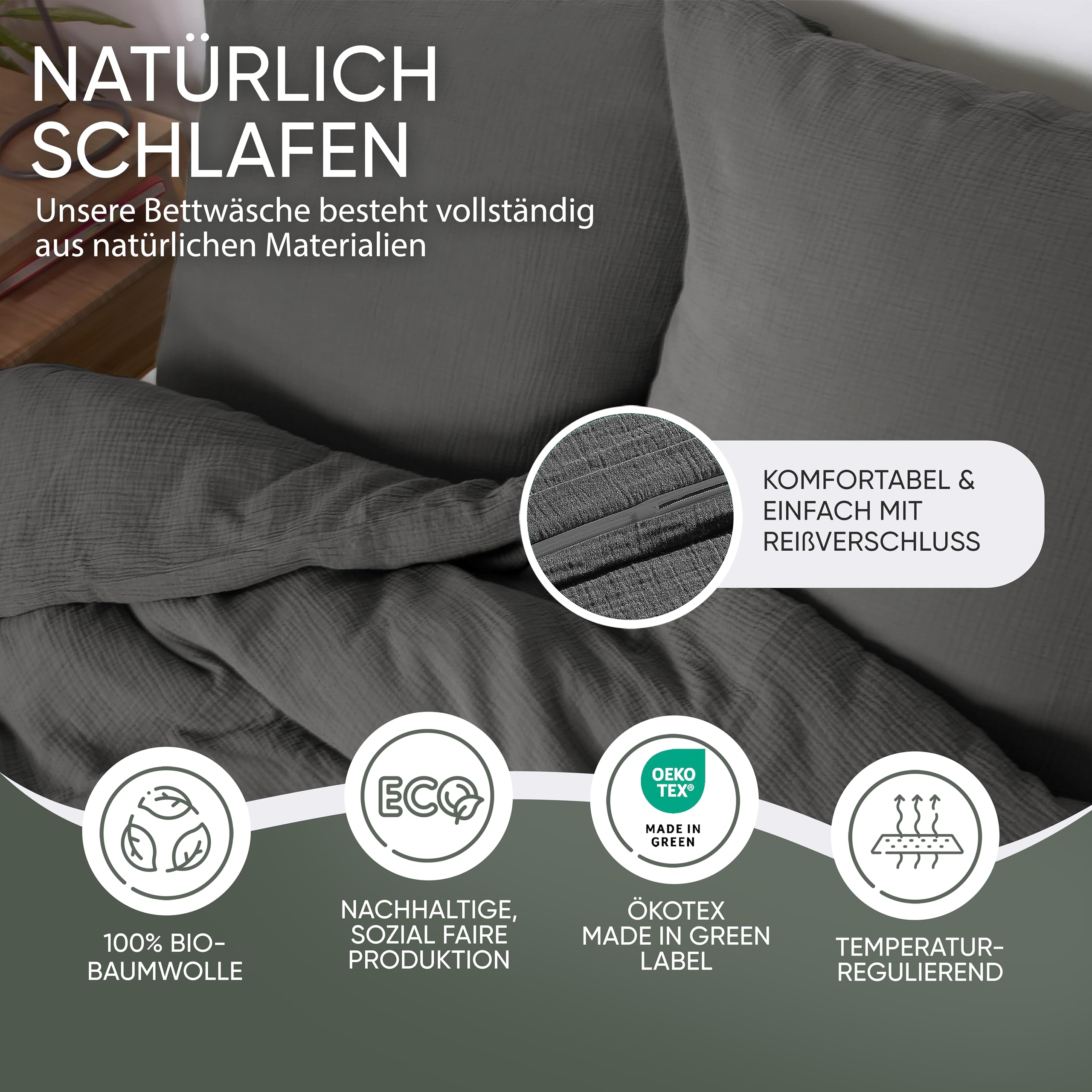 jilda-tex Bio-Bettwäsche Musselin Medina 100% Bio-Baumwolle Knitterlook Bügelfrei Uni Made in Green (Dunkelgrau, 135x200 + 80x80 cm)