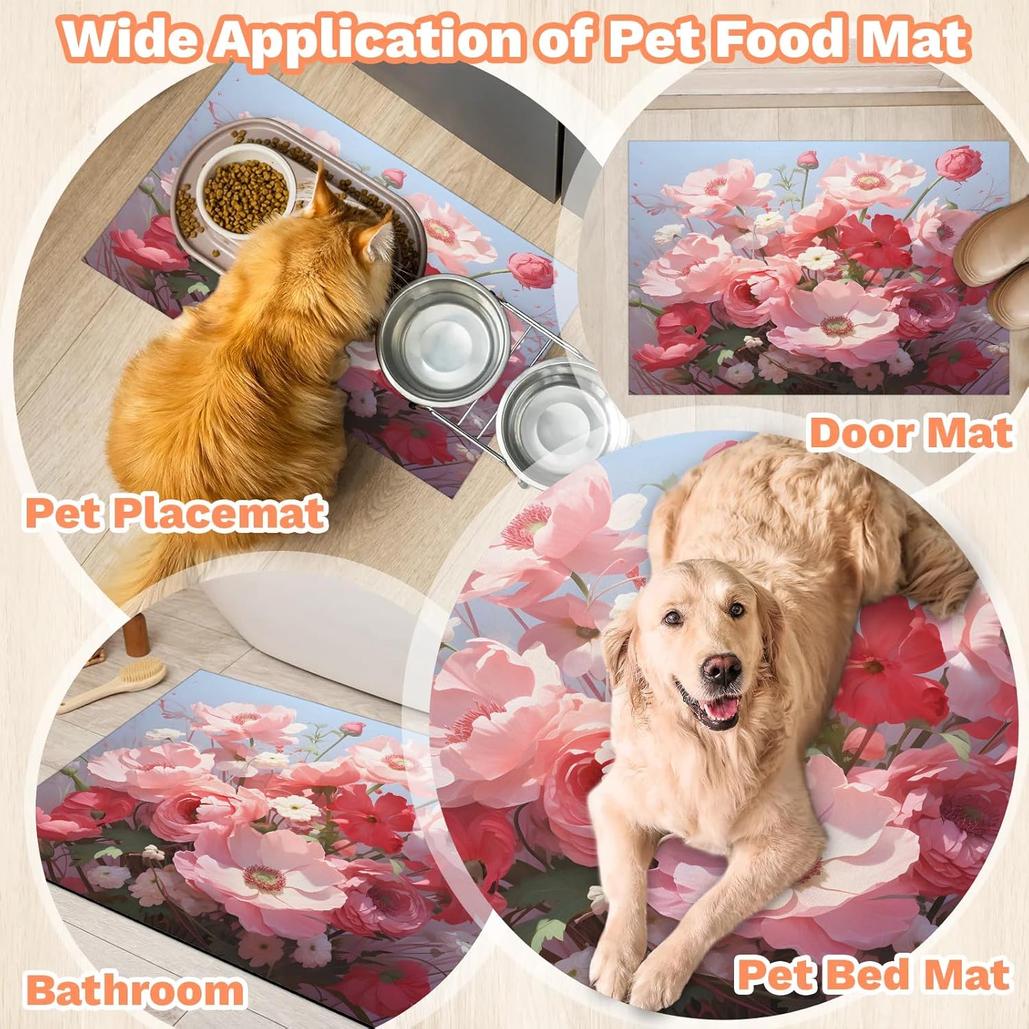 Hexteria Spring Flower Oil Painting Dog Cat Food Mat 24 x 32 in Absorbent Leakproof Pet Feeding Mat for Food and Water Bowl Non Slip No Stains Pet Placemat